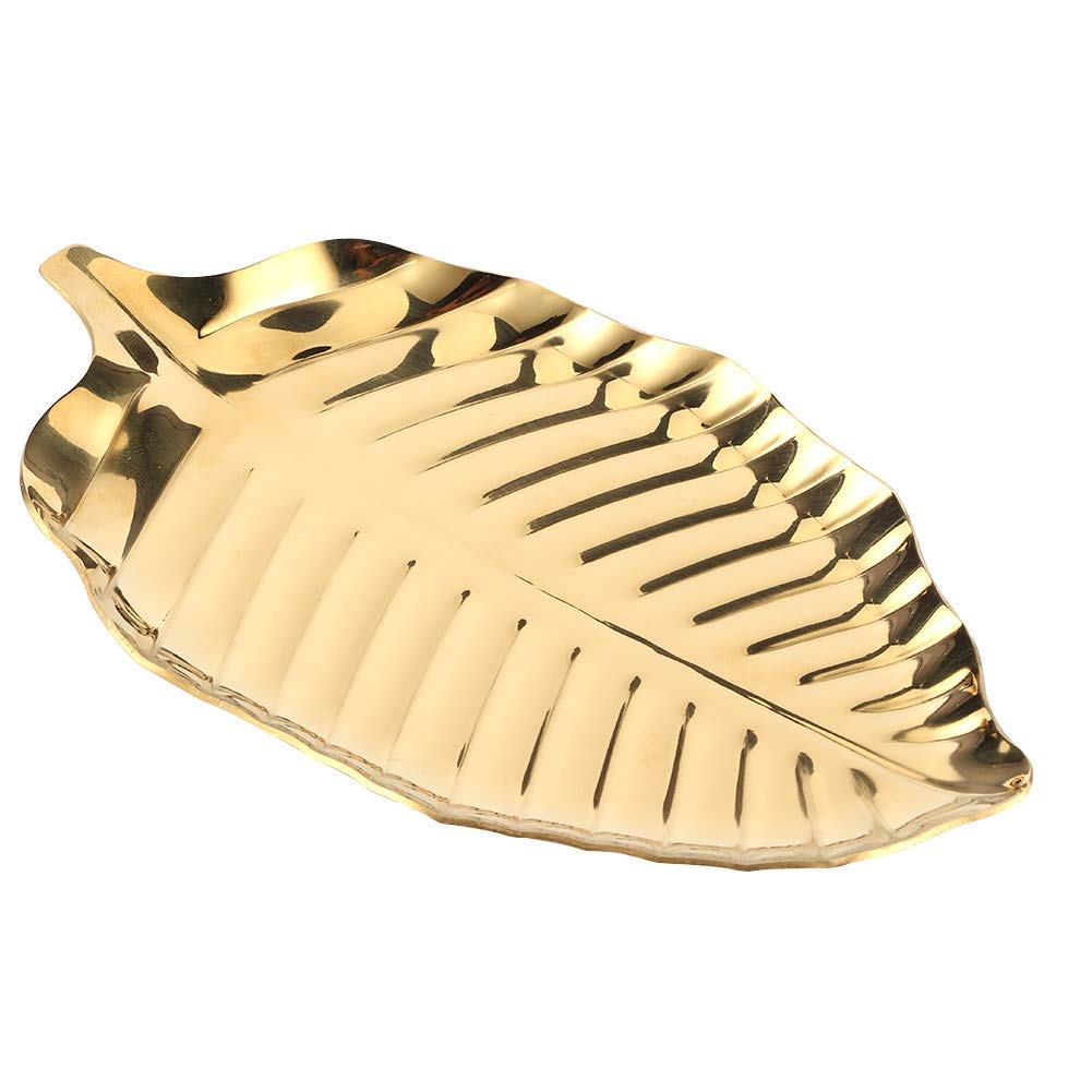 HERCHR Gold Stainless Steel Leaf-Shaped Decorative Tray - Jewelry & Trinket Display Dish for Bathroom, Dresser, Vanity - 3.7 x 6.7 Inches - Elegant Home Decor & Gift Idea for Women