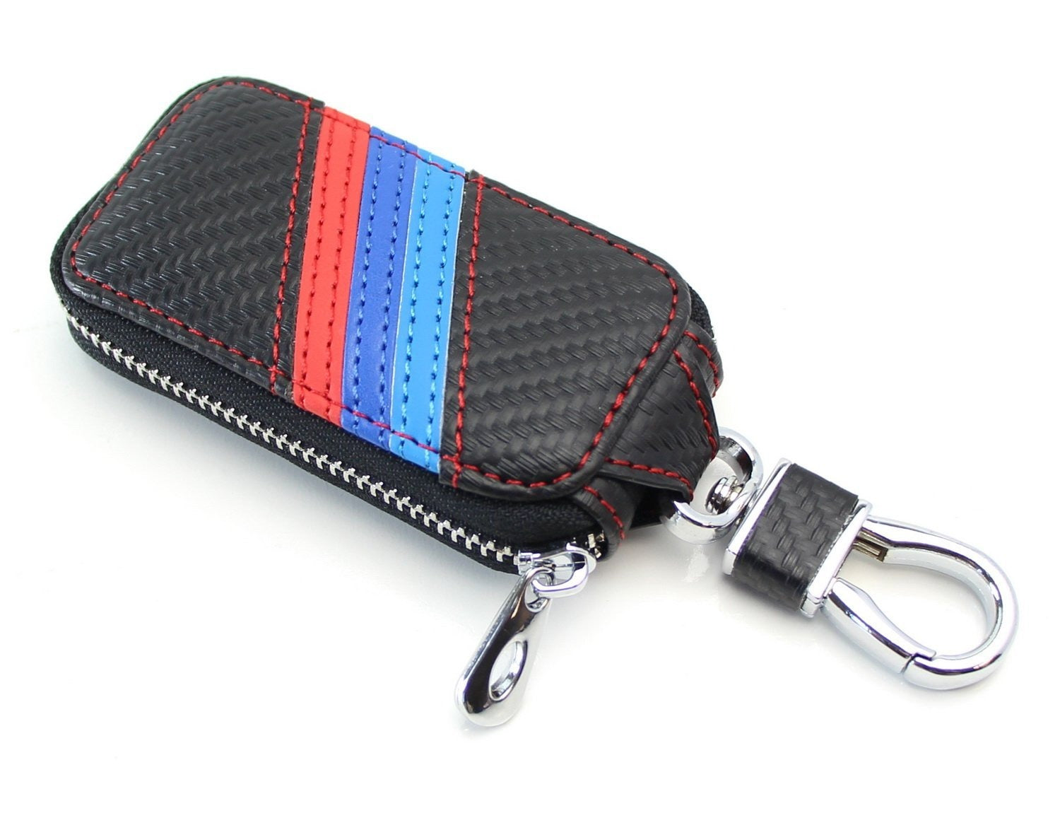 BMW Key Holder Cover - Carbon Fiber Pattern with Colored Stripes, Durable Leather Key Case for BMW Enthusiasts | Perfect for Car Keys, Home & Office Use