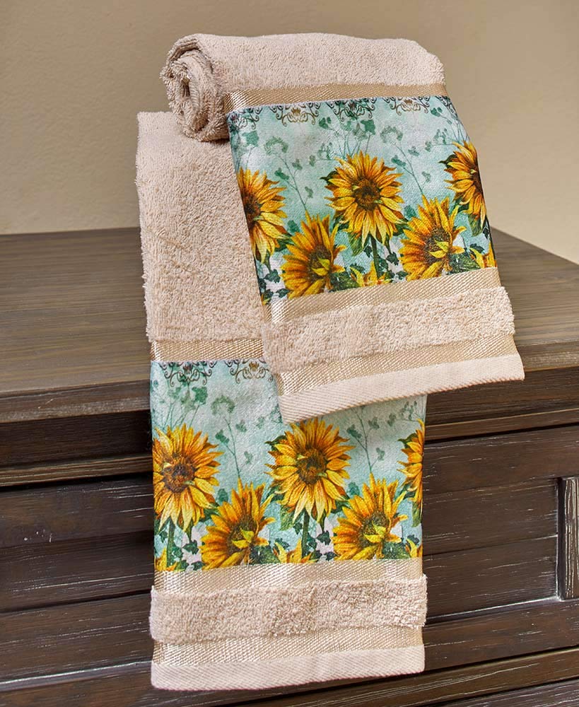 Sunflower Printed Hand Towels for Bathroom & Kitchen - Soft Absorbent Cotton Towels with Country Floral Design - Perfect for Farmhouse Decor, Guest Bathrooms & Kitchen Essentials
