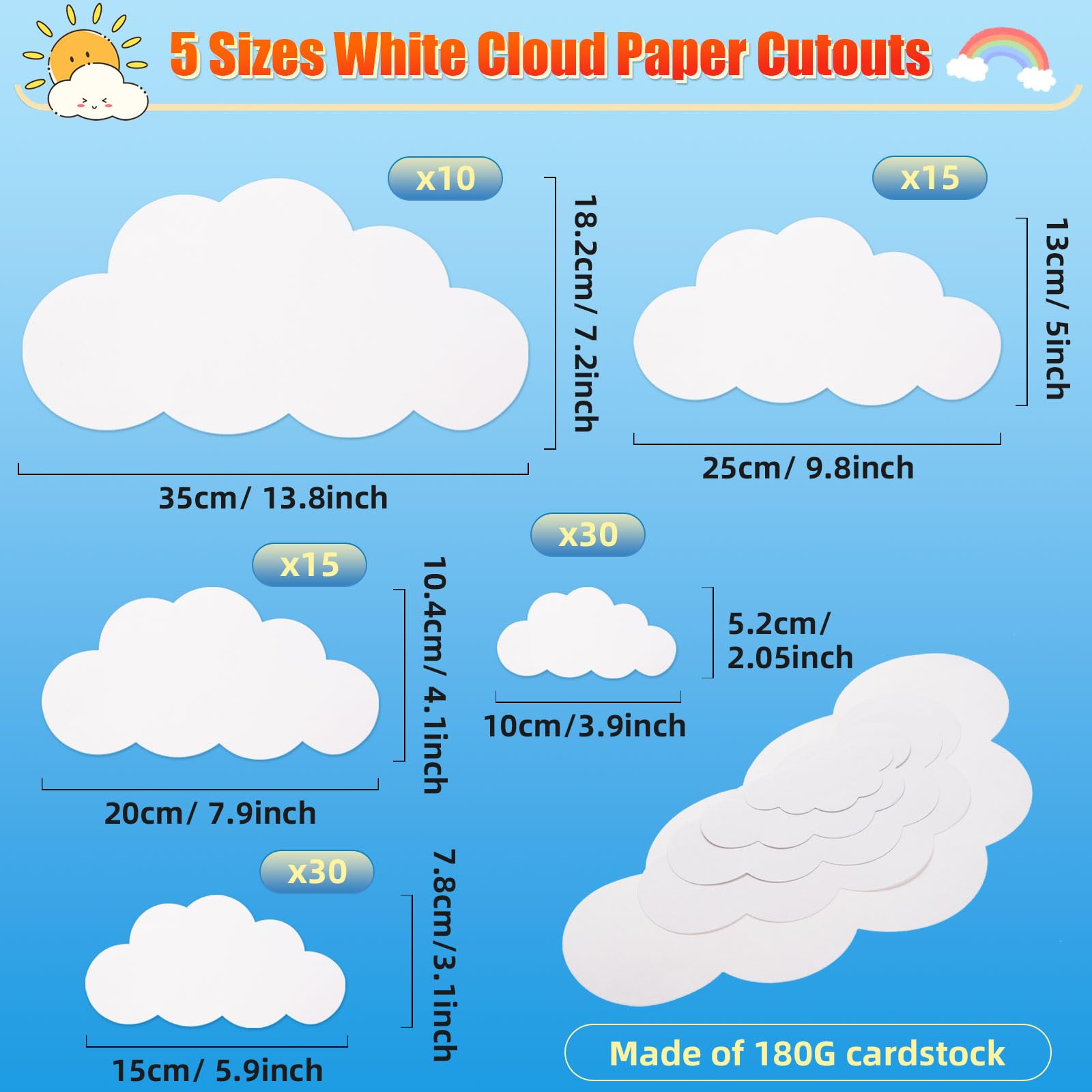 MixTeach 100 Pieces White Cloud Cutouts Set - Paper Cloud Wall Decals, Die Cut Cardstock Shapes for Classroom Decor, Nursery, Playroom & Party Decorations | Perfect for Baby Showers, School Projects & Home Wall Art