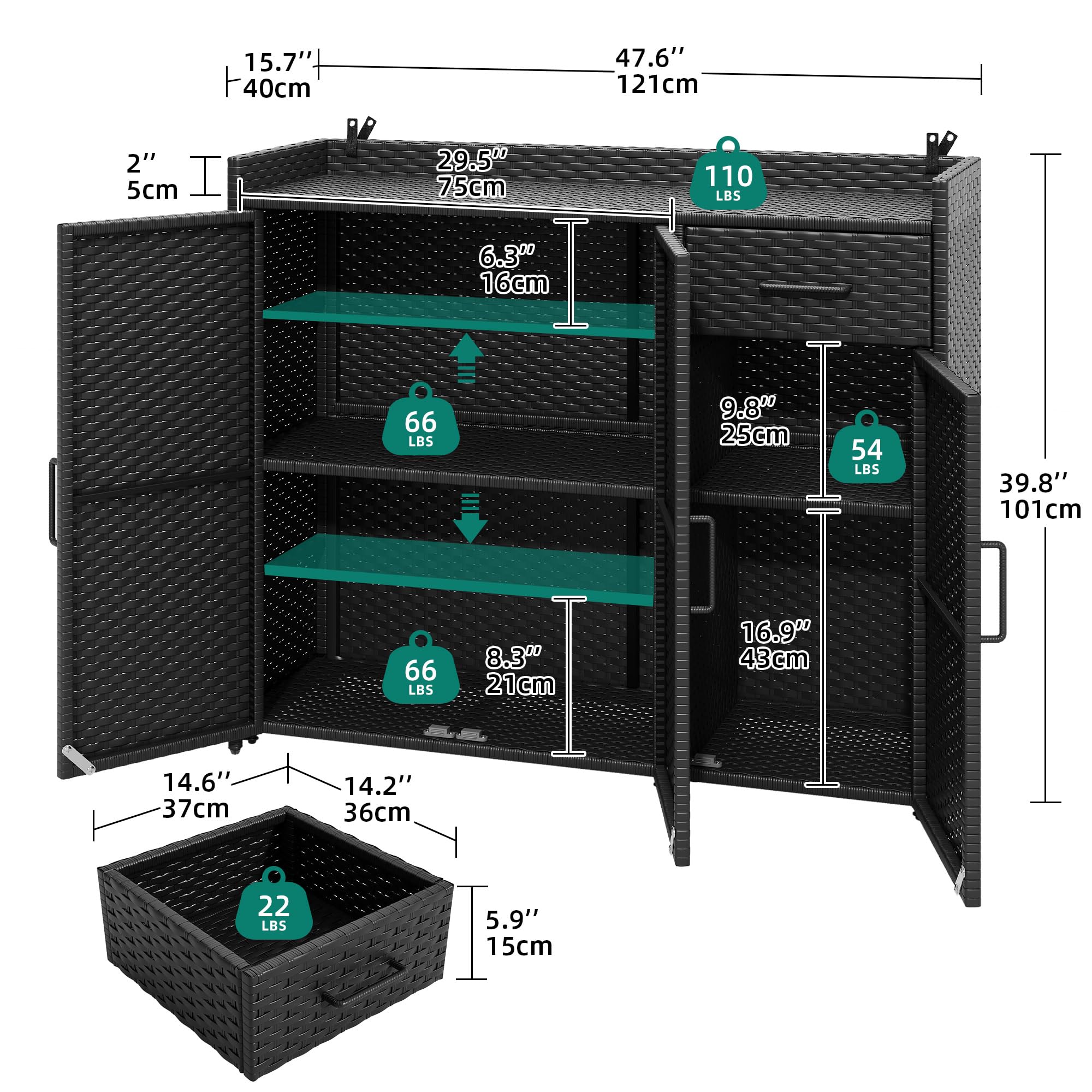 YITAHOME Outdoor Storage Cabinet - Weatherproof Rattan Bar Table with 2 Doors, Adjustable Shelves & Foldable Drawer - Wicker Patio Storage Box for Outdoor Cushions, Pool Tools & Garden Accessories - Perfect for Backyard, Deck & Poolside Organization - Black