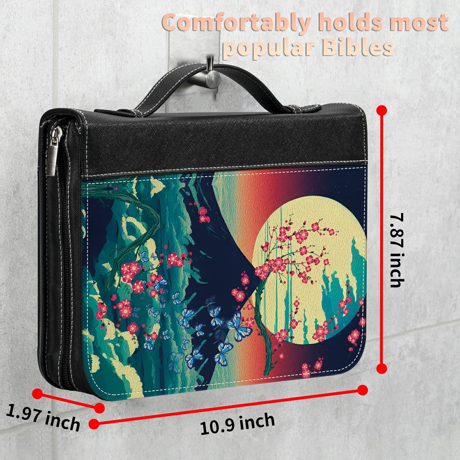 Landscape Sakura Bible Cover with 2 Heart Corner Page Bookmarks - Large Zippered Bible Protector Case with Handle, Inner Pockets & Tote Bag - Perfect Christian Gift for Men & Women - Ideal for Church, Bible Study & Travel