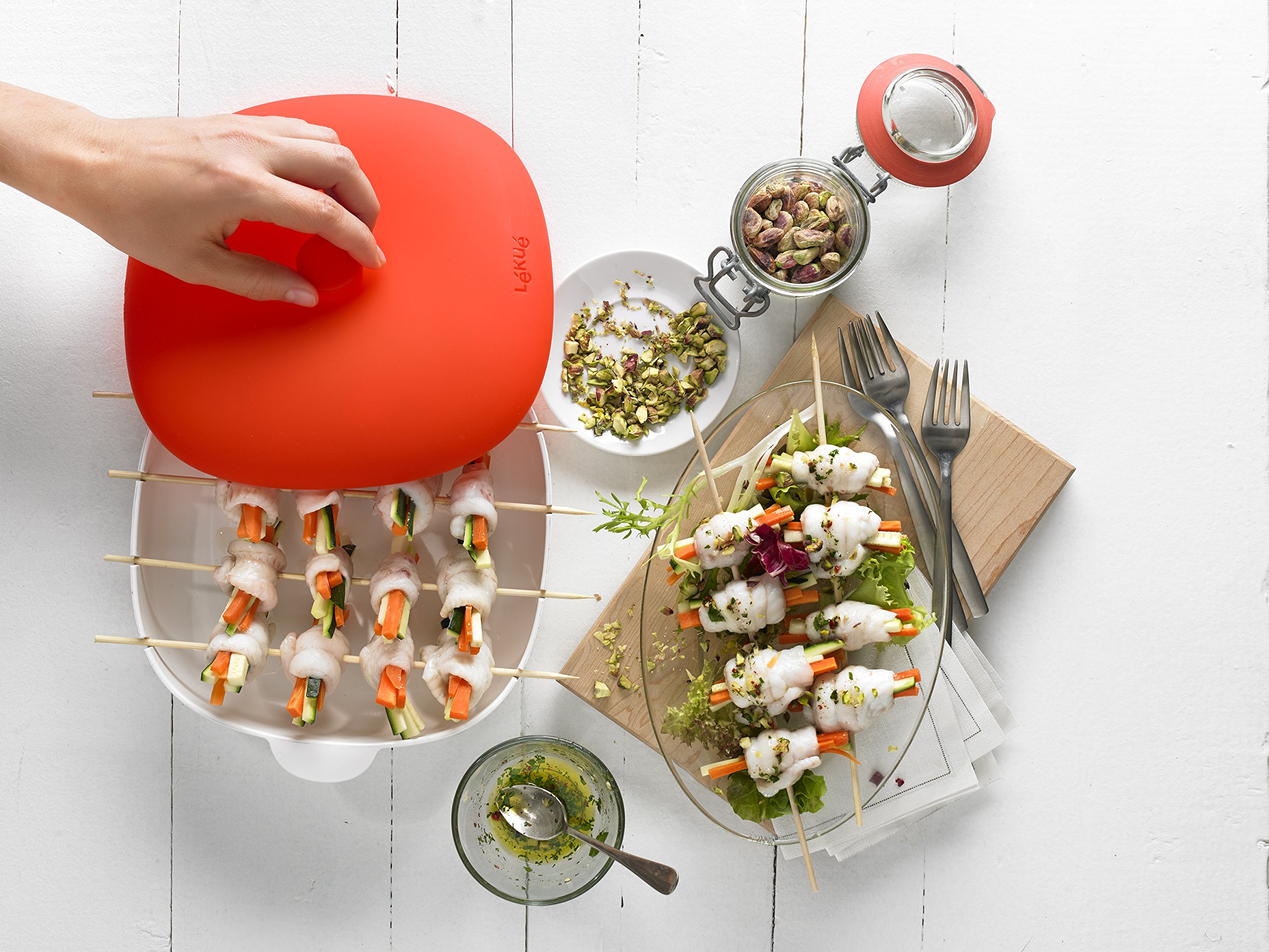 Lekue 4-Piece Kabob Maker Set - Stainless Steel Skewers for Grilling, BBQ & Kebabs - Perfect for Outdoor Cooking, Picnics & Backyard Parties (Red)