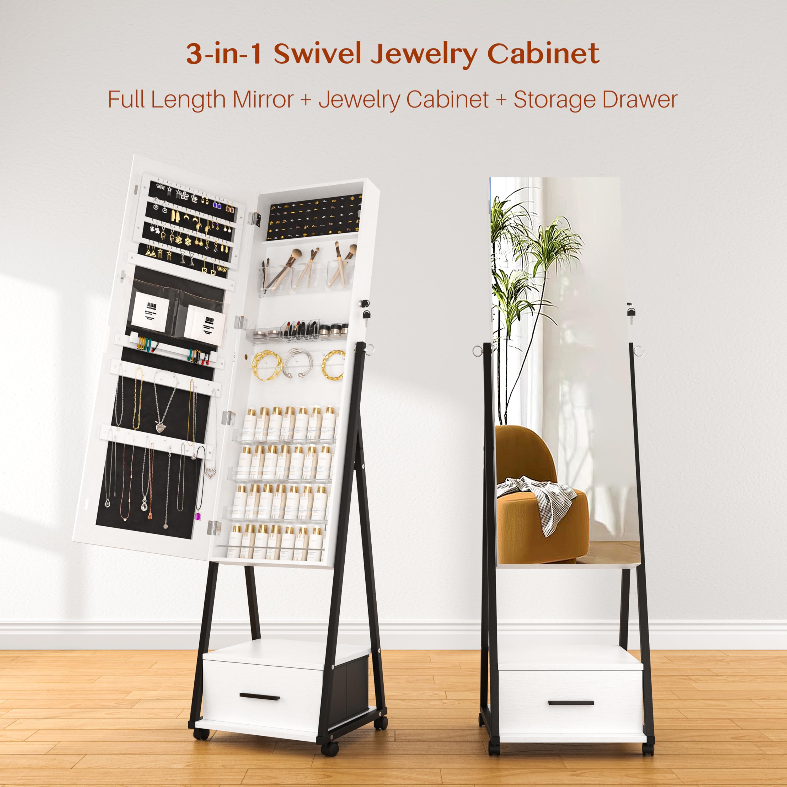 360° Rotating Full-Length Mirror Jewelry Cabinet with Wheels & Lockable Drawer - Jewelry Storage Organizer for Women & Girls - Perfect for Bedroom, Dressing Room & Closet Organization