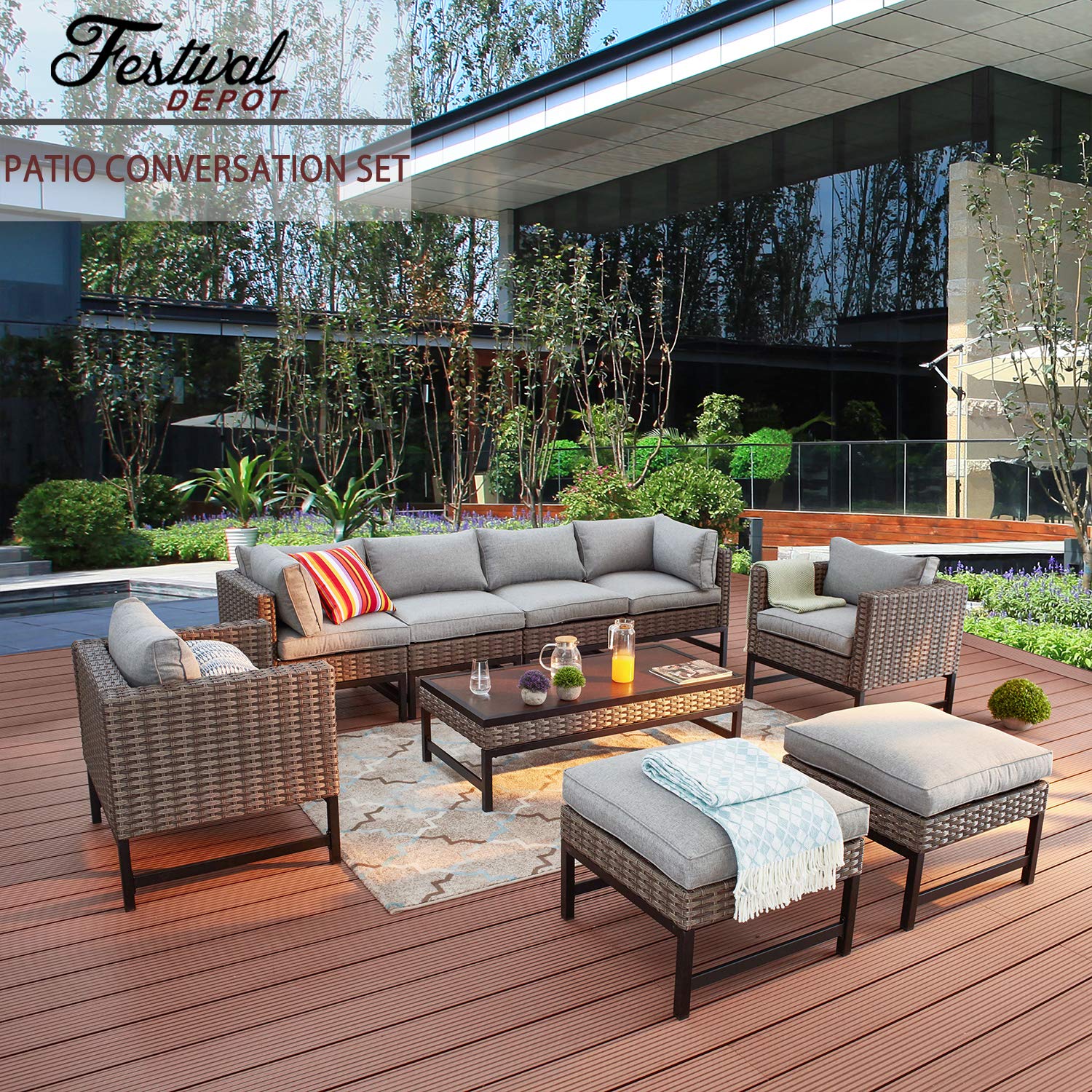 9-Piece Patio Conversation Set - Outdoor Sectional Sofa, Loveseat, Chaise Lounge with All-Weather Wicker & Metal Frame, Gray Cushions & Coffee Table - Perfect for Backyard, Poolside & Garden Relaxation