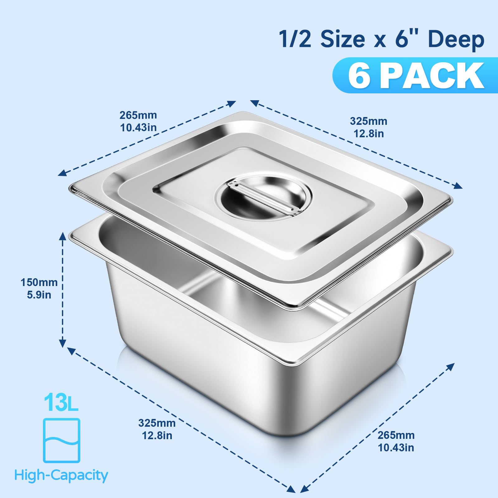 6 Pack Stainless Steel 1/2 Size Hotel Pan with Lids - 6
