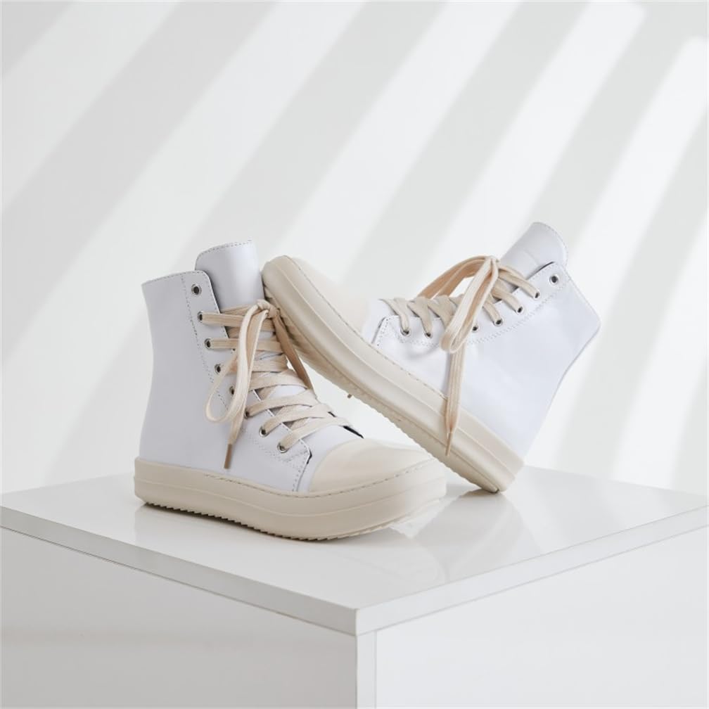 White Board Sneakers - Round Toe Casual Sports Shoes with Thick Sole | Muffin Style Flat Canvas High-Top Shoes for Travel & Walking | Perfect for School, Work & Outdoor Activities
