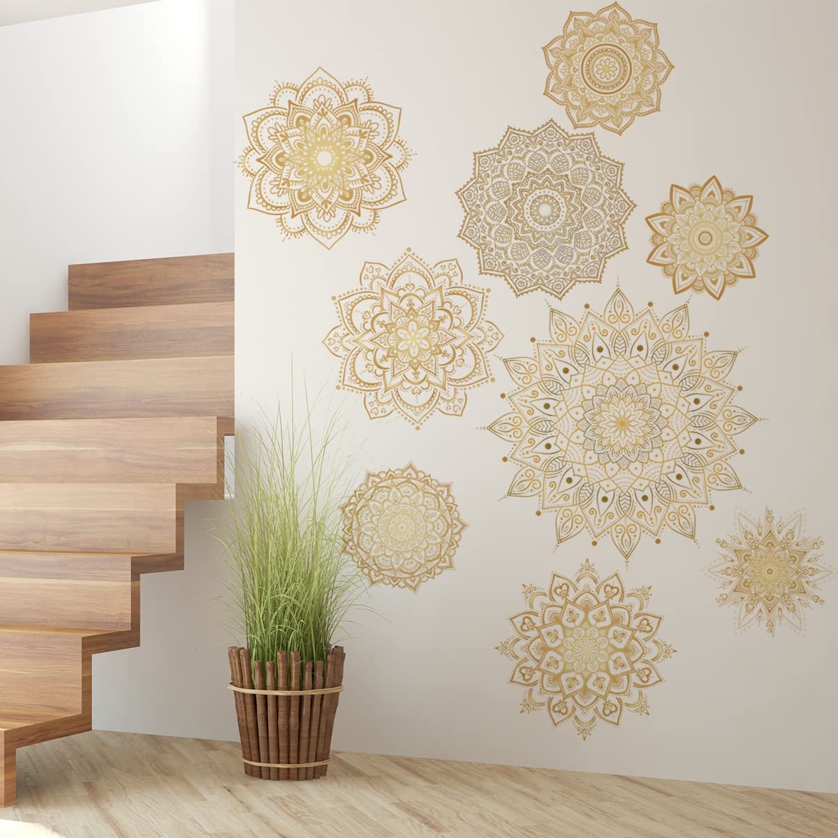 Gold Mandala Wall Decals - Boho Hippie Vinyl Stickers for Home Decor, Indian Namaste Flower Stickers for Bedroom, Living Room & Yoga Studio - Perfect for Meditation Spaces and Bohemian Interior Design