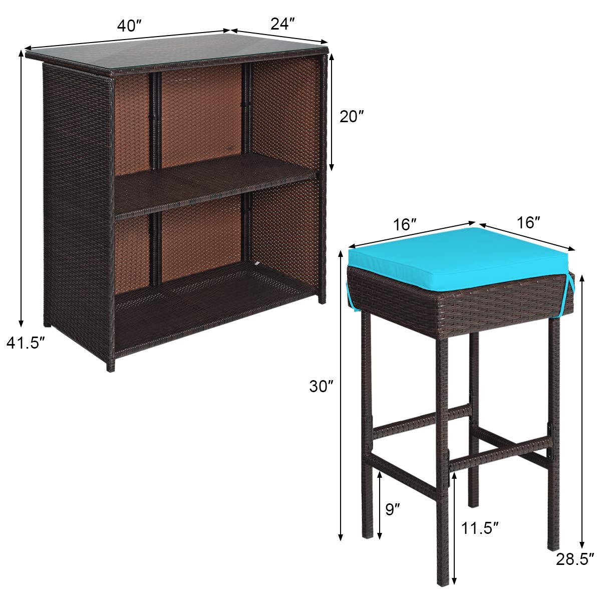 HappyGrill 3-Piece Outdoor Bar Set - Rattan Wicker Bar Stools & Table with Cushions, Glass Table Top & Storage Shelves - Perfect for Poolside, Garden, Patio Dining & Entertaining