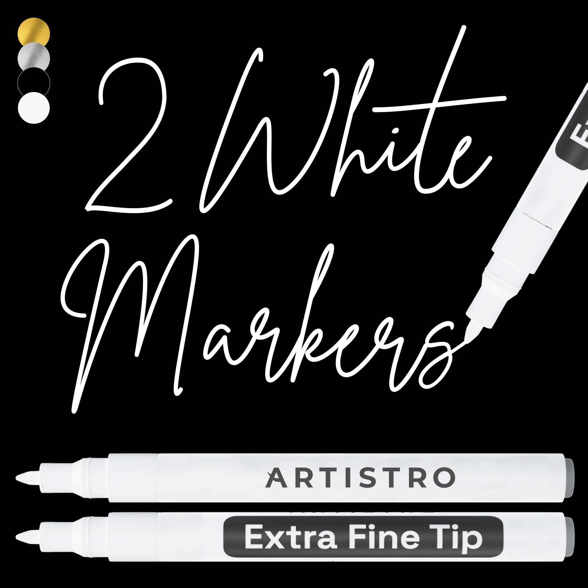 ARTISTRO 2-Pack White Acrylic Paint Markers - 0.7mm Extra Fine Tip Permanent Markers for Rock Painting, Canvas, Ceramics, DIY Crafts & Art Projects - Waterproof & Opaque Paint Pens for Artists & Hobbyists