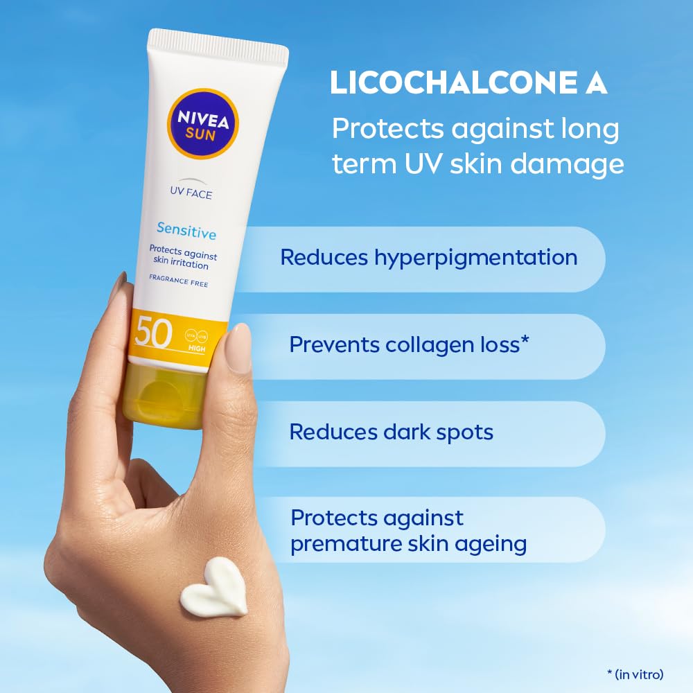 NIVEA Sun UV Face Sensitive SPF 50 Sunscreen Cream (50ml) - UVA/UVB Protection for Sensitive Skin, Anti-Aging & Moisturizing - Ideal for Daily Use, Outdoor Activities & Travel