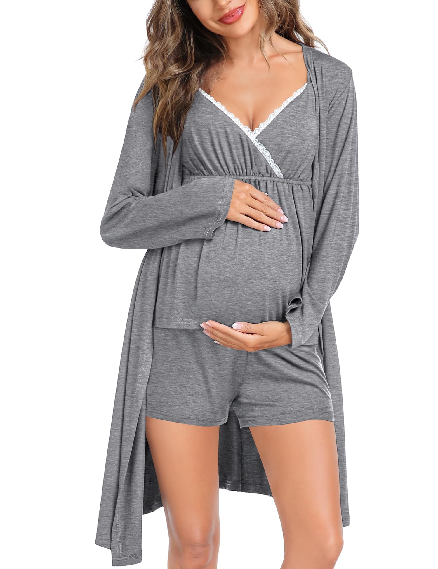 SWOMOG 3-Piece Maternity Robe & Nursing Pajama Set for Breastfeeding - Soft Labor Delivery Hospital Gown & Comfortable Pregnancy Sleepwear | Perfect for Hospital Stay, Postpartum Recovery & Nursing at Home