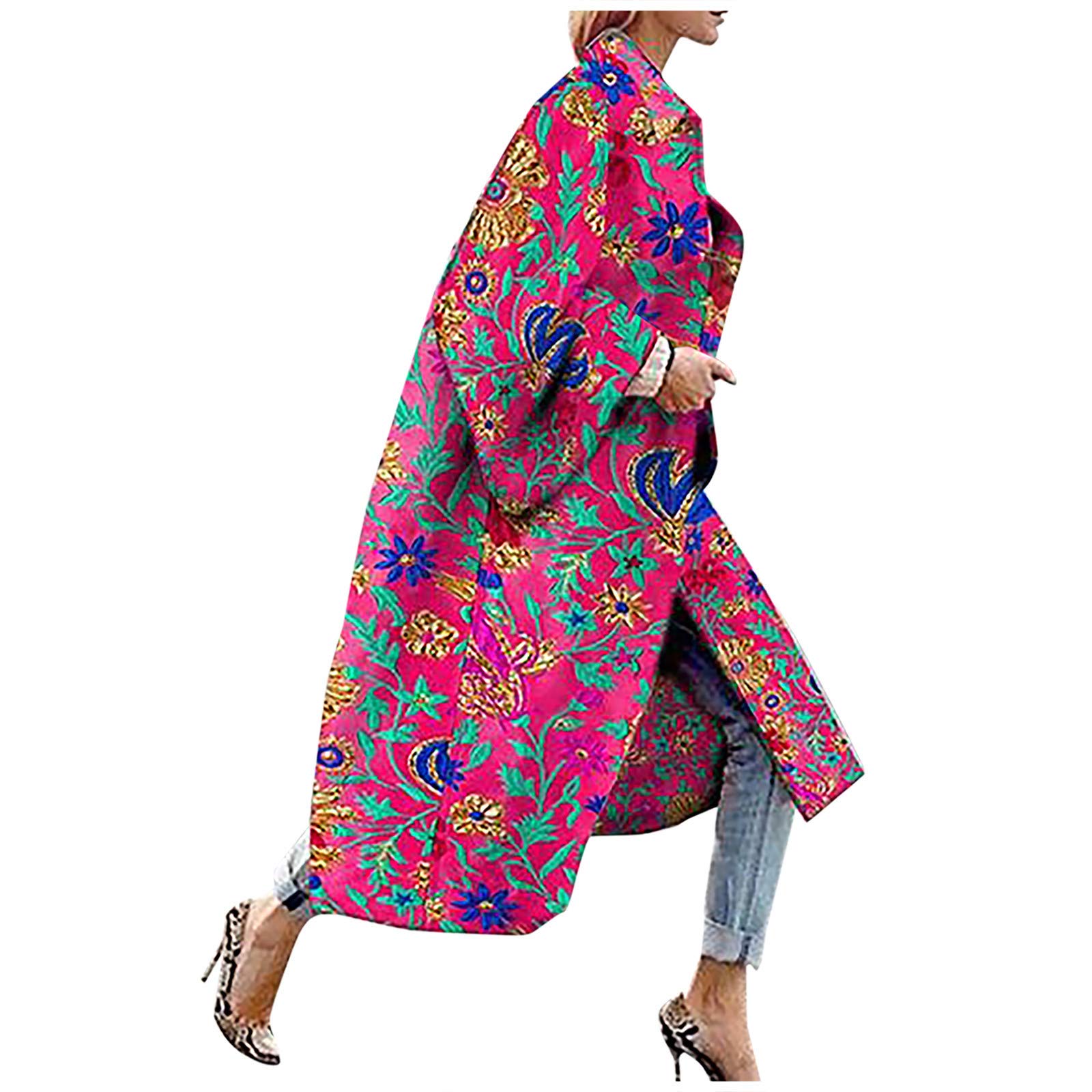 CSBYBD Women's Printed Long Trench Coat with Pockets - Lightweight Windbreaker Jacket Cardigan Overcoat (Hot Pink, XXXL) for Spring/Fall Fashion, Outdoor Activities & Office Wear