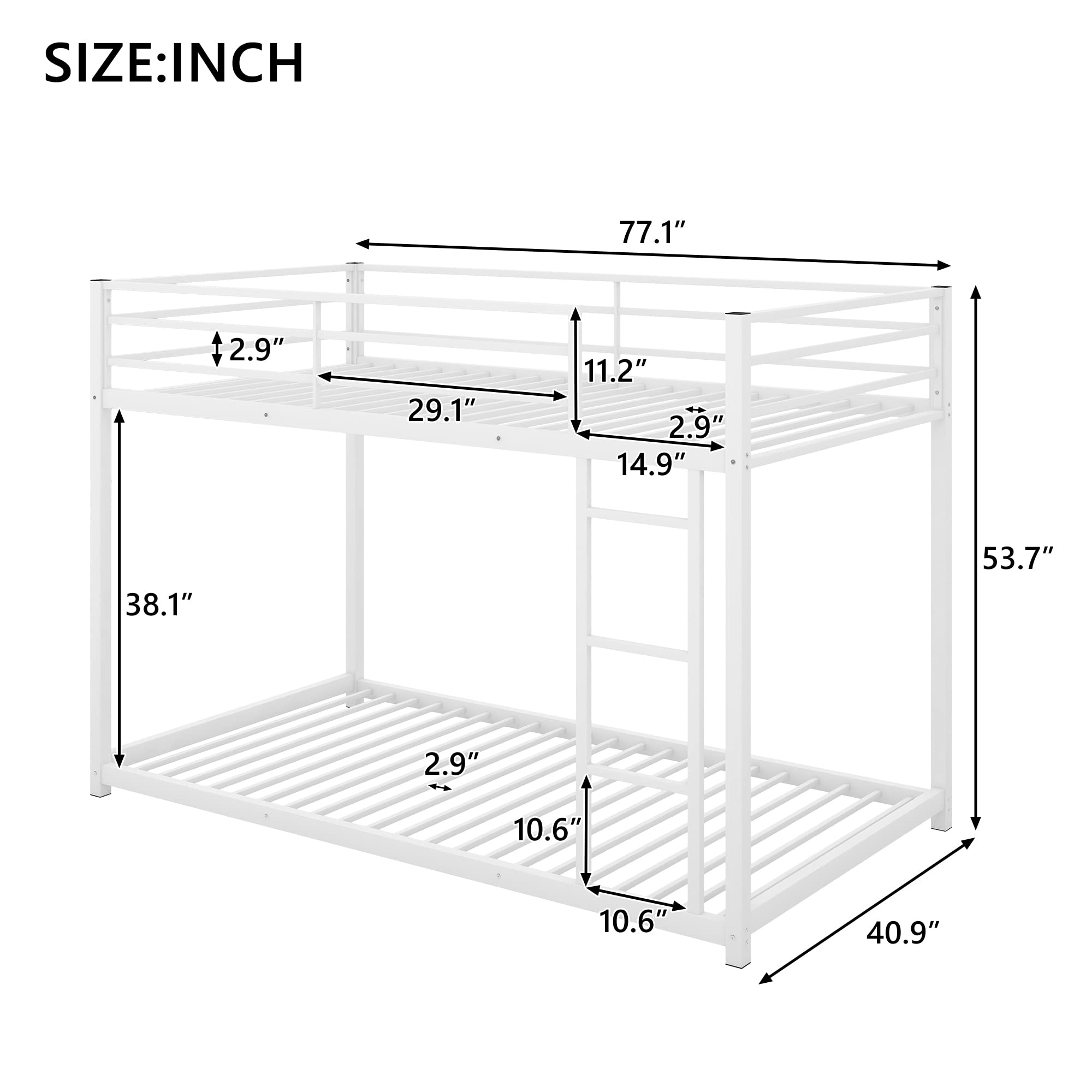 Junior Twin Over Twin Metal Bunk Bed Frame - Low Profile Heavy Duty Kids Bunk Bed in White | Space-Saving Sleep Solution for Siblings, Sleepovers & Small Bedrooms
