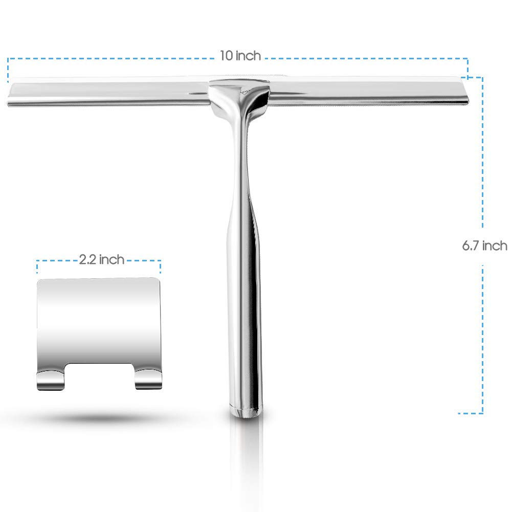 Premium Stainless Steel Shower Squeegee with Self-Adhesive Hook - Bathroom Mirror Wiper & Glass Cleaner for Shower Doors, Windows, Tiles - Perfect for Streak-Free Cleaning in Bathrooms, Kitchens, and Offices