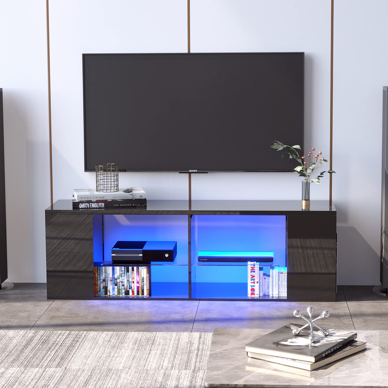 AUXSOUL 57 Inch High Glossy TV Stand with RGB LED Lights - Modern Entertainment Center for 65 Inch TVs, Media Console with Storage Drawers - Gaming & Living Room Furniture (Black) - Perfect for Home Theater Setup & Game Room Decor