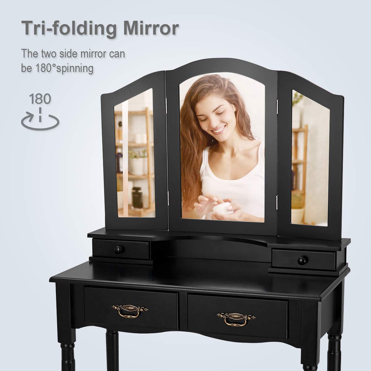 GOFLAME Vanity Table Set with Tri-Folding Mirror, 4 Drawers & Spacious Tabletop - Detachable Makeup Dressing Table with Cushioned Stool for Bedroom (Black) | Perfect Makeup Organizer for Small Spaces & Beauty Routine