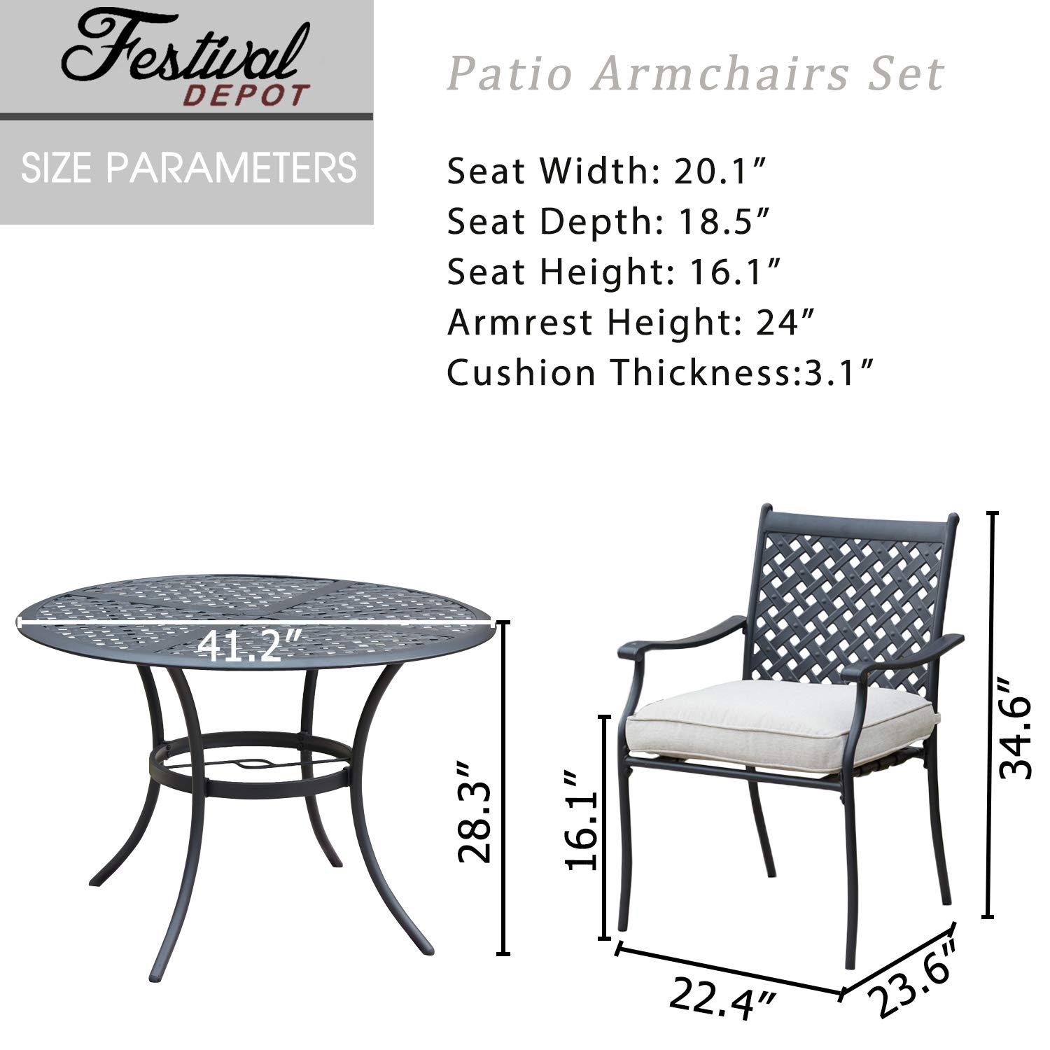 5-Piece Outdoor Patio Dining Set - 4 Wrought Iron Armchairs with Cushions & Round Black Table with Umbrella Hole - Durable Iron Garden Furniture for Deck, Lawn, Poolside, Backyard (Beige) | Perfect for Outdoor Entertaining & Relaxation