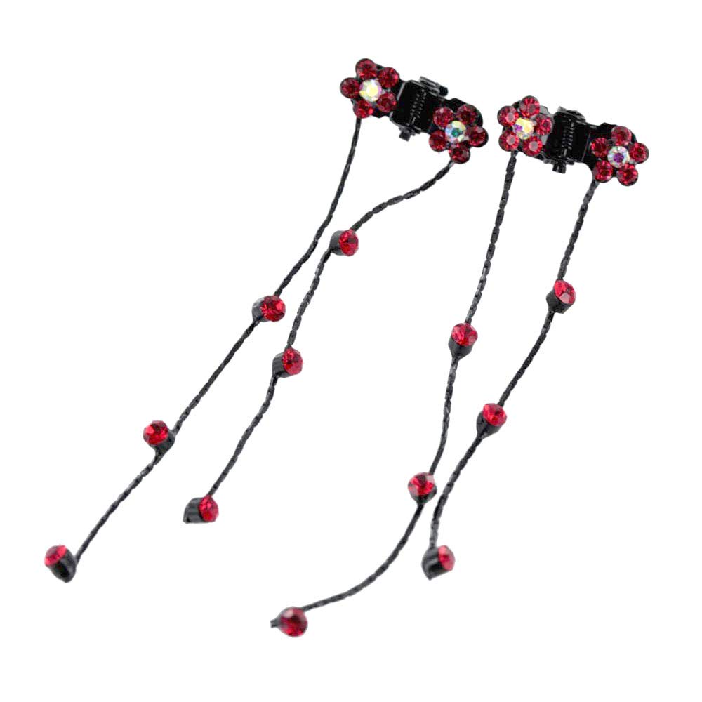 Elegant Faux Rhinestone Flower Drop Dangling Hair Clips for Women - Set of 2 Red Hairpins | Perfect for Weddings, Parties & Everyday Hairstyles