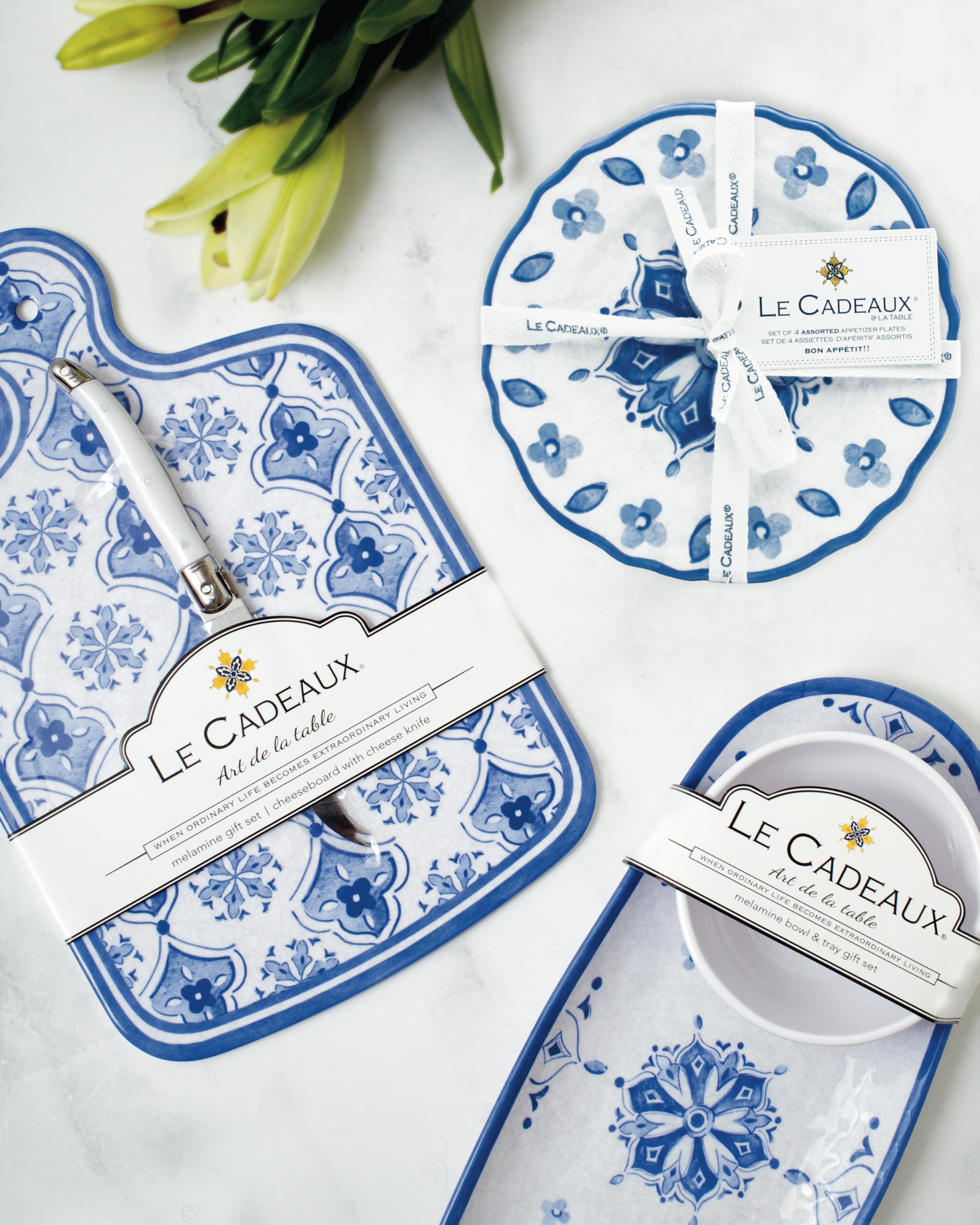 Le Cadeaux Melamine Bowl and Tray Gift Set - Moroccan Blue Design, Durable and Stylish for Serving, Entertaining, and Home Decor