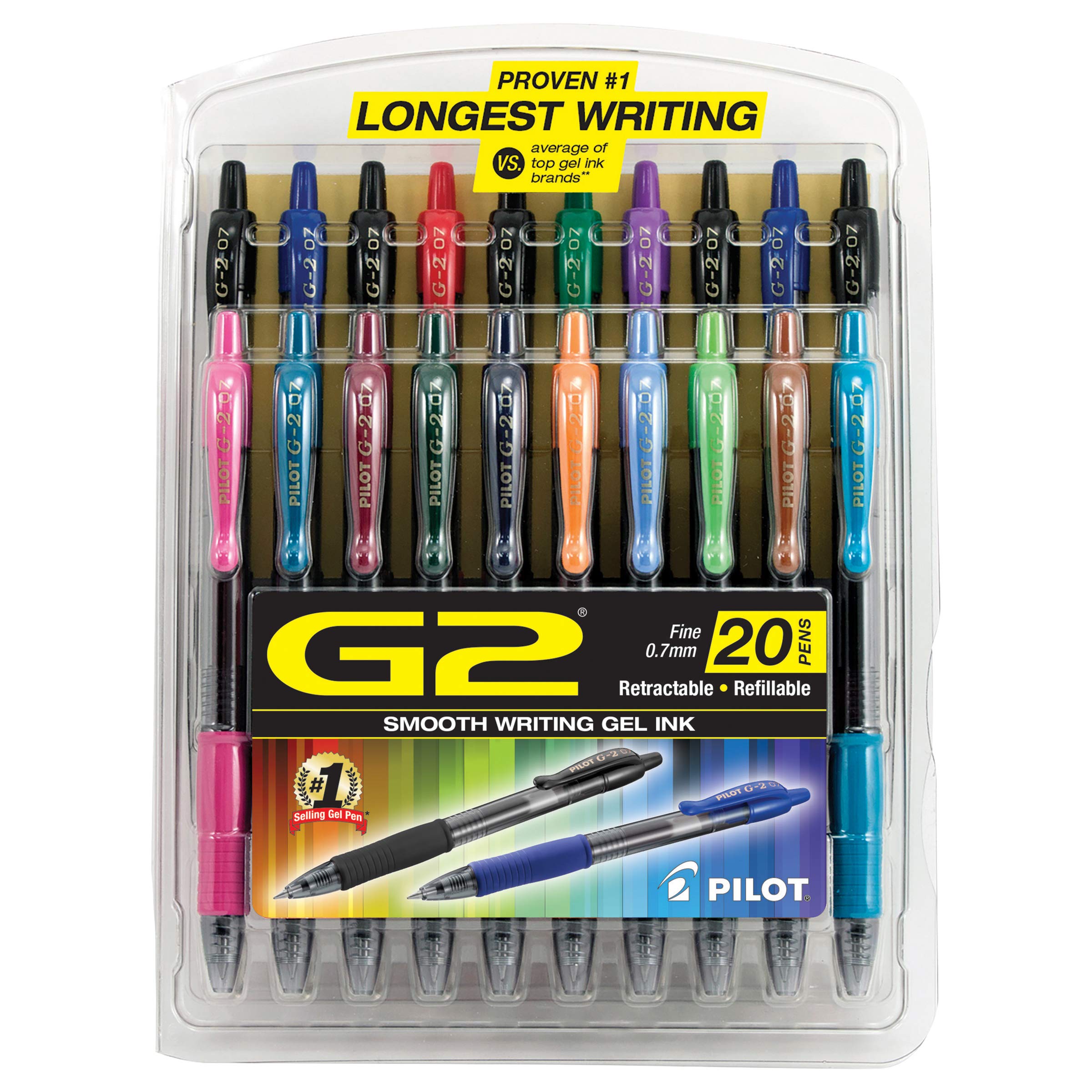 PILOT G2 Premium Refillable Retractable Gel Pens - Fine Point 0.7mm, 20-Pack Assorted Colors (Black, Blue, Red) - Smooth Writing for Office, School & Note Taking
