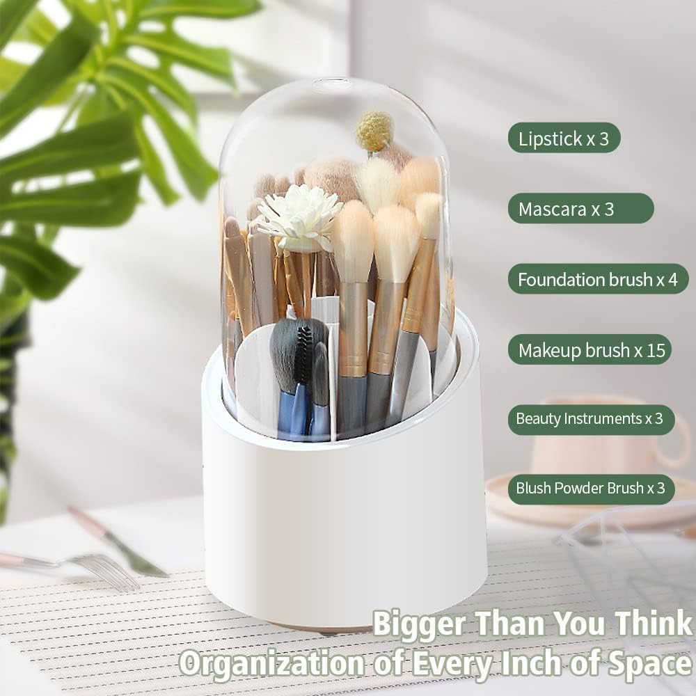 Rotating Makeup Brush Holder with Lid - Acrylic Cosmetic Organizer for Desk & Vanity