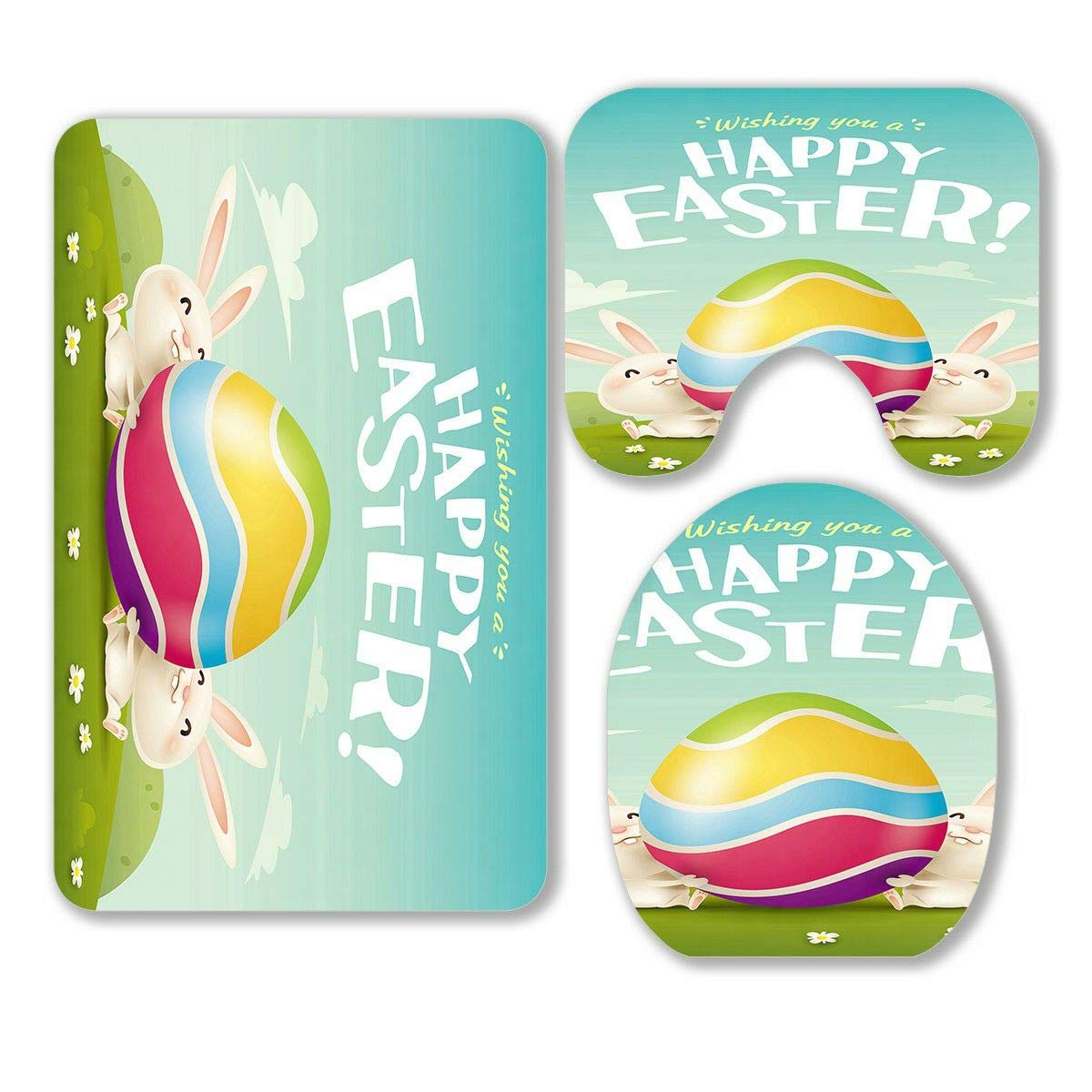 Happy Easter Bunnies Egg Field 3-Piece Bathroom Rug Set - Non-Slip Bath Mat, Contour Mat & Toilet Lid Cover - Soft & Absorbent for Bathroom, Laundry Room & Easter Decor