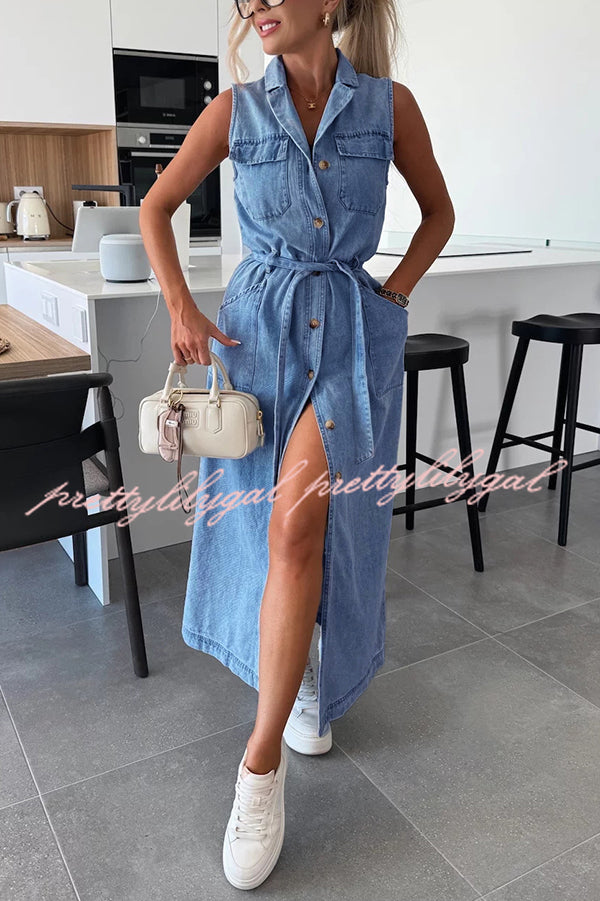 Solid Color Sleeveless Denim Midi Dress with Waist Tie & Pockets - Casual Summer Dress for Women, Perfect for Beach Outings, Picnics, and Weekend Brunch