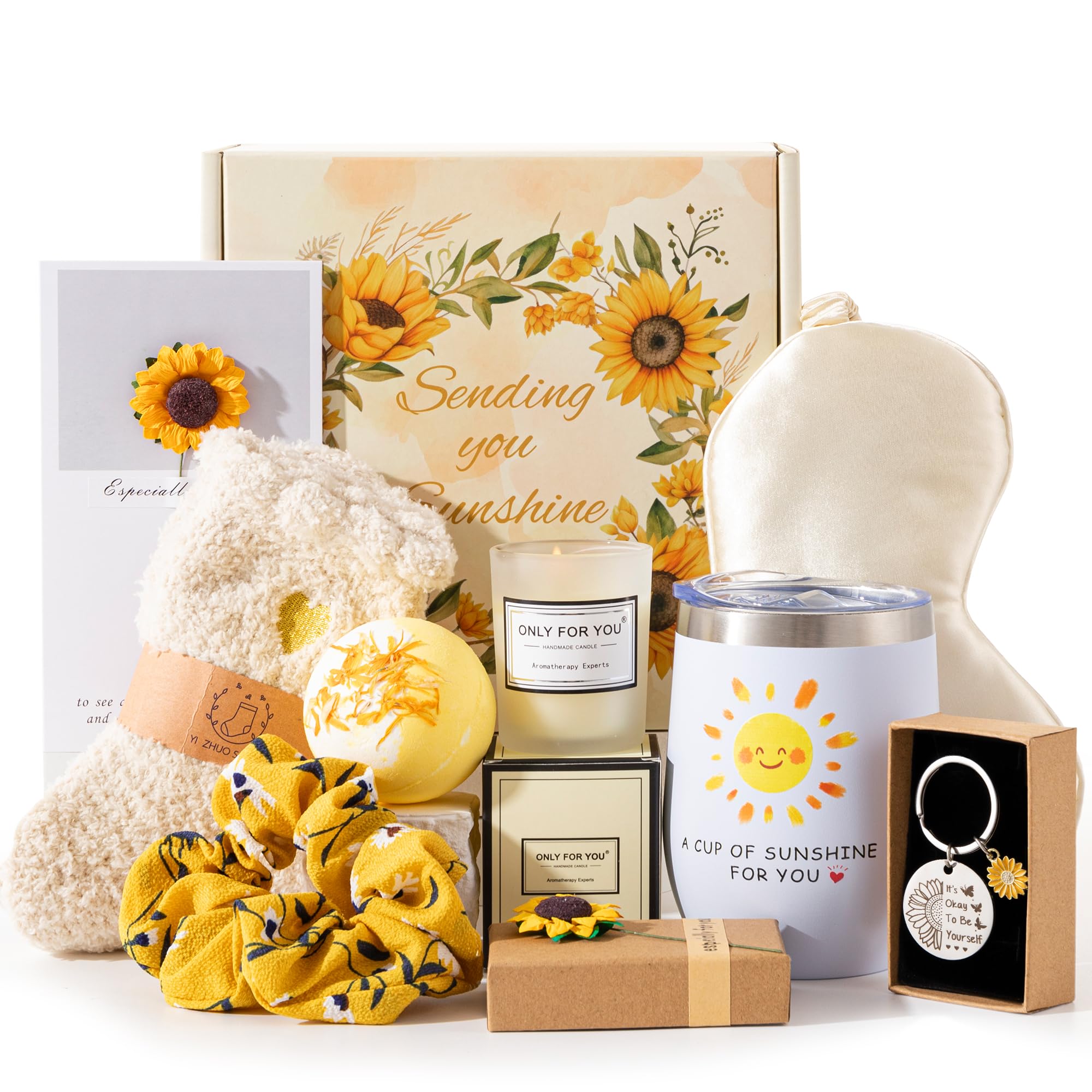 Sunflower Gifts for Women - Birthday, Get Well Soon & Self Care Gift Baskets with Relaxation Bath Set - Perfect Christmas Gifts for Mum, Wife, Best Friend, Sister & Daughter - Ideal for Spa Nights, Recovery Days & Special Occasions