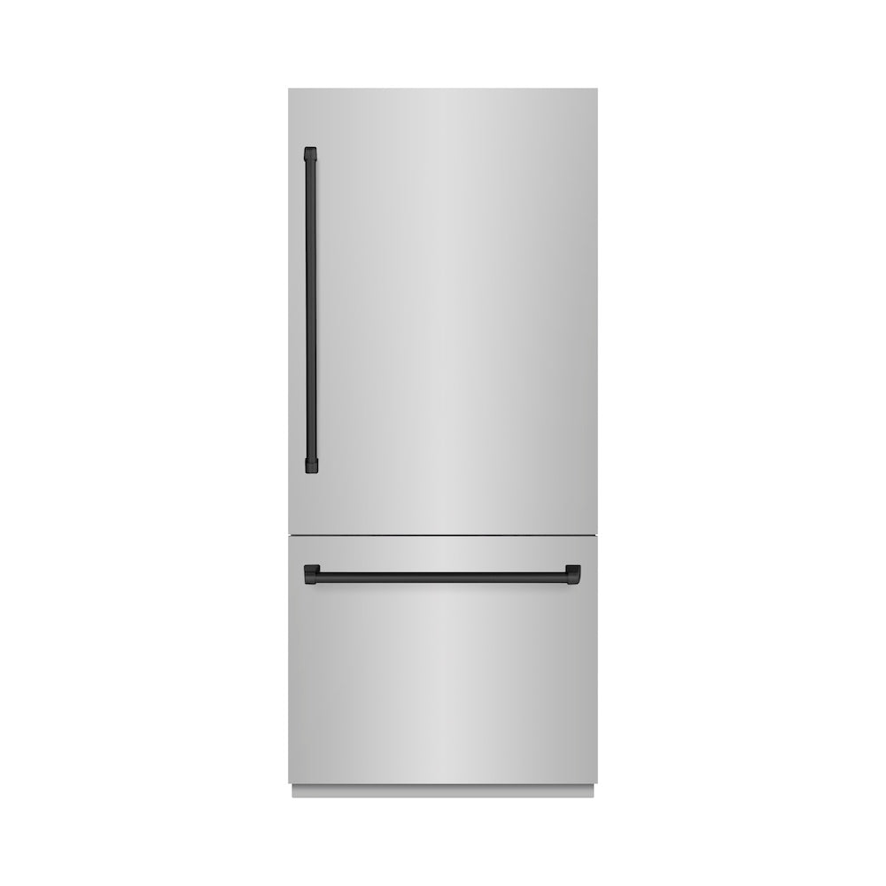 ZLINE Autograph Edition 36 Inch 19.8 Cu Ft Built-In Bottom Freezer Refrigerator with Water Dispenser & Ice Maker - Stainless Steel Matte Black Accents (RBITZ 304 36MB) - Perfect for Modern Kitchens & Open Concept Homes