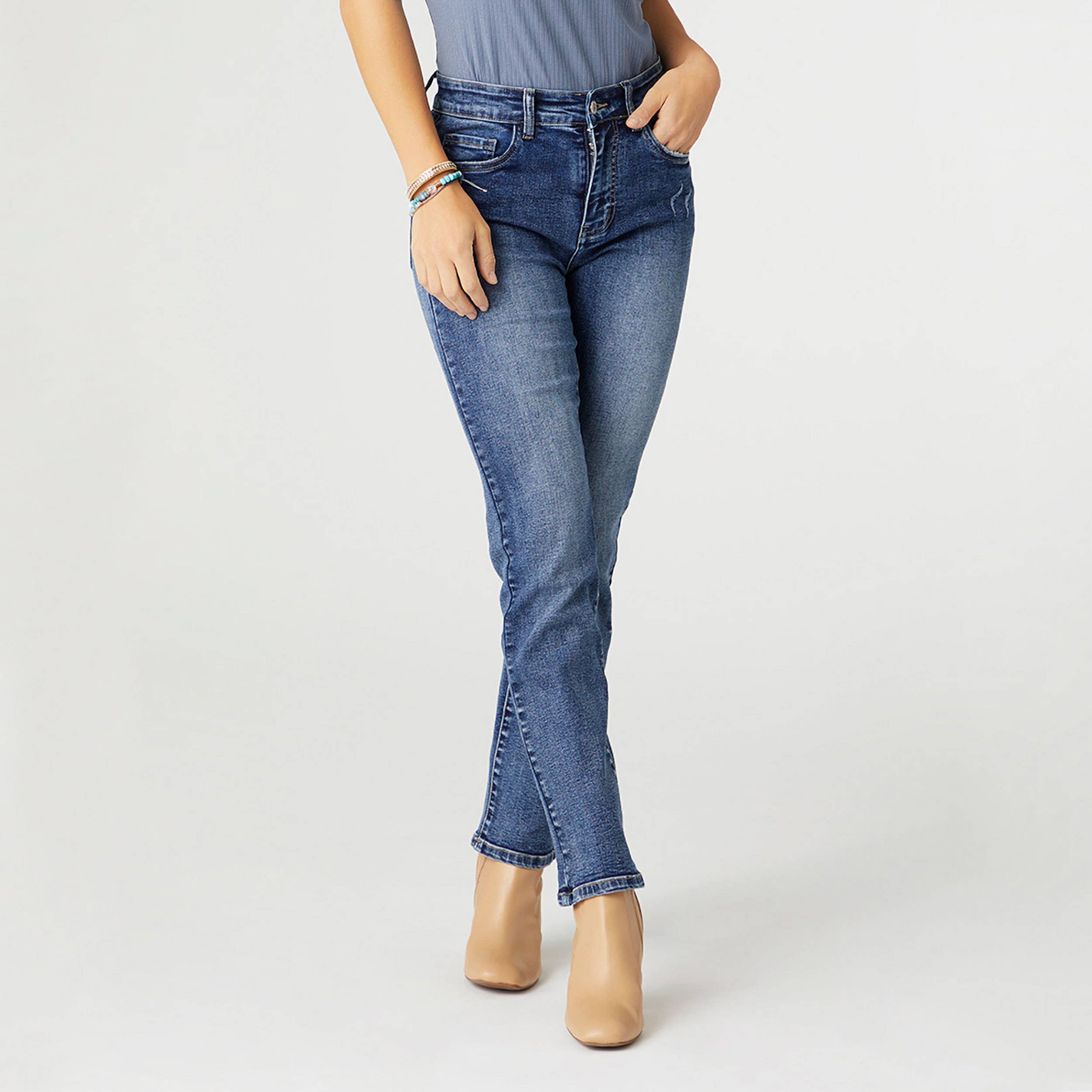 EverStretch Straight Leg Jeans with Bottom Cuff - Medium Wash Denim Pants for Women | Perfect for Casual Wear, Office & Everyday Outfits