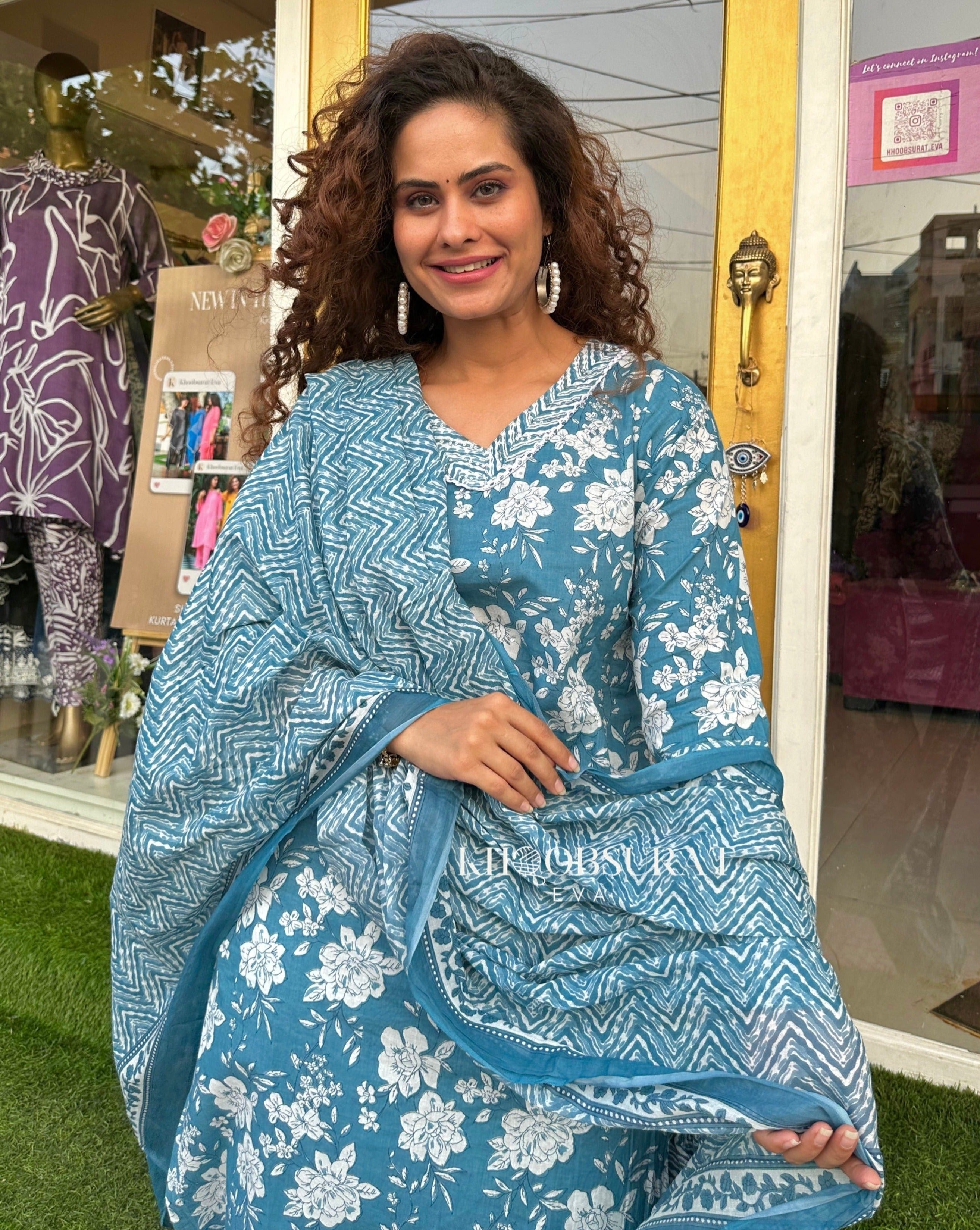 Stylish Blue Kurti with Afghani Pants & Dupatta Set - Elegant Ethnic Outfit for Women | Perfect for Festivals, Weddings & Cultural Events