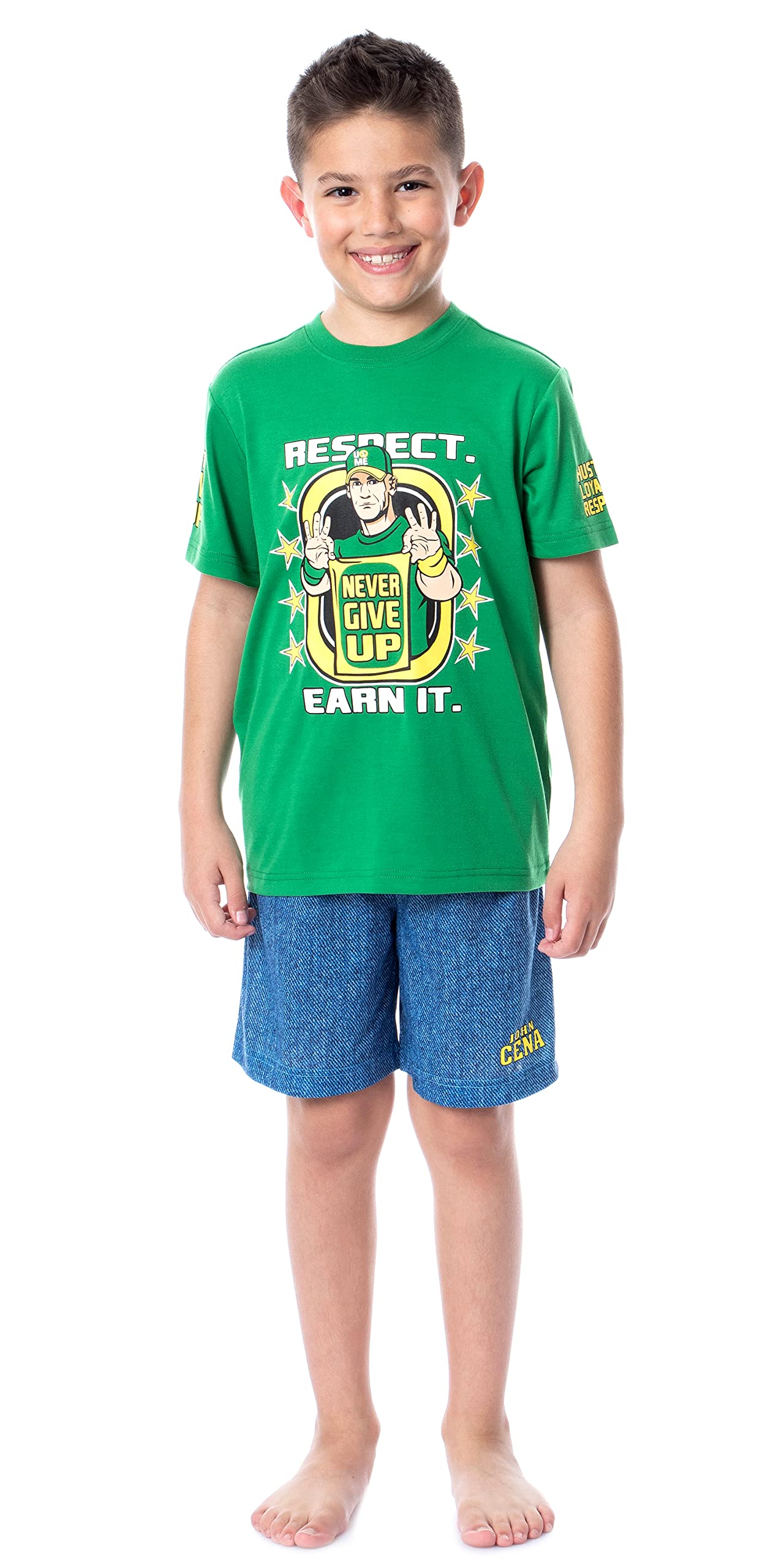 INTIMO WWE Boys' Wrestling John Cena 'Respect Earn It' Sleep Pajama Set - Short Sleeve & Shorts for Kids' Bedtime, Sleepovers, and Wrestling Fan Gifts