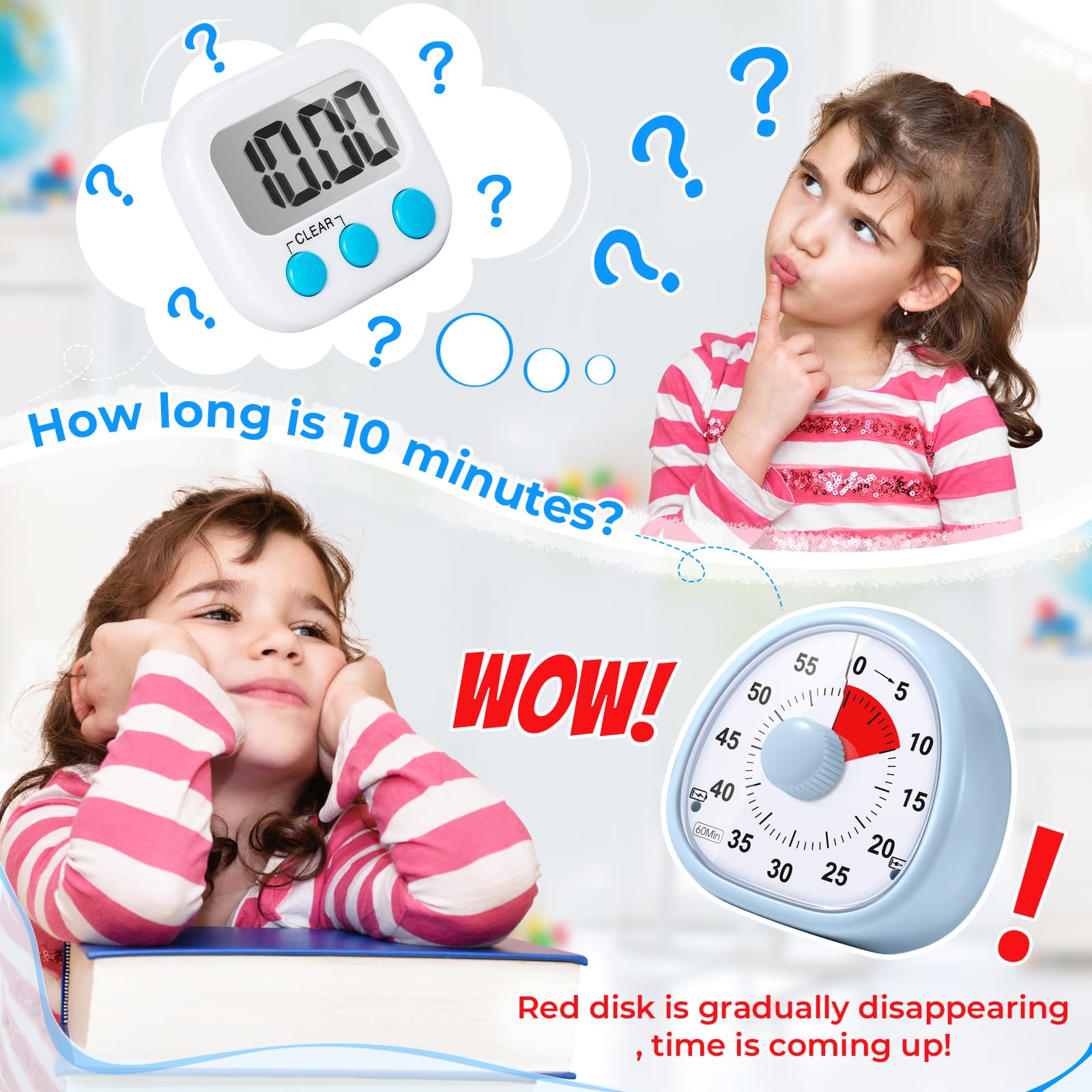Rechargeable 60-Minute Visual Timer for Kids - Silent Countdown Clock, Time Management Tool for Classroom, Kitchen, Bathroom, Homework & Study (Blue) - Perfect for Focus, Chores & Learning Activities