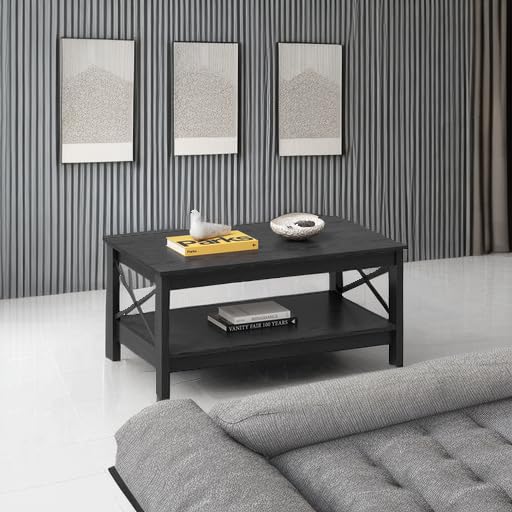 Modern Farmhouse Coffee Table with Storage - 2-Tier Wooden Center Table for Living Room, Sturdy Black Cocktail Accent Table | Perfect for Small Spaces, Home Decor & Entertaining Guests