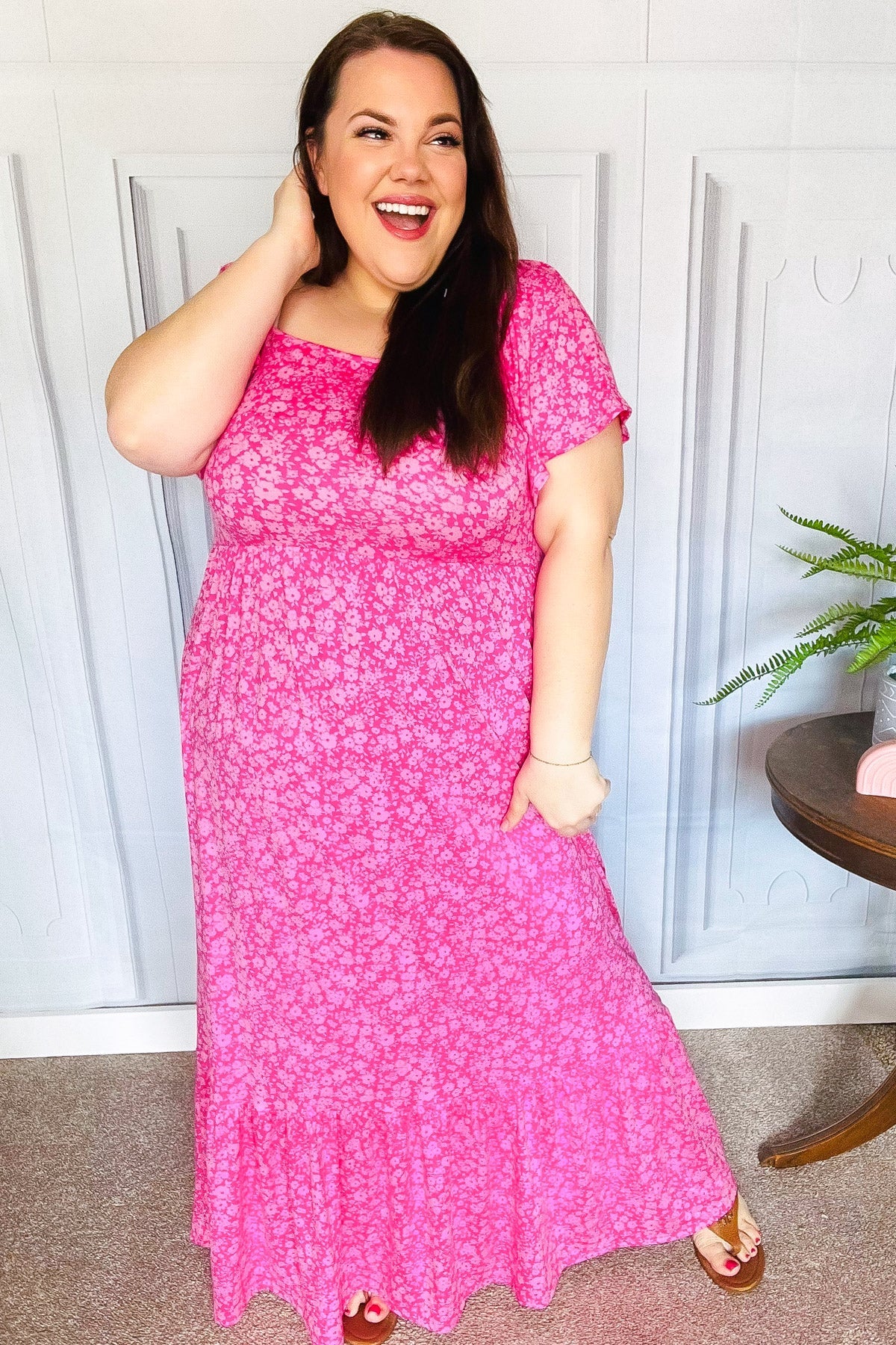 Perfectly You Fuchsia Ditzy Floral Fit & Flare Maxi Dress - Women's Summer Boho Beach Dress for Vacation, Wedding Guest & Outdoor Parties