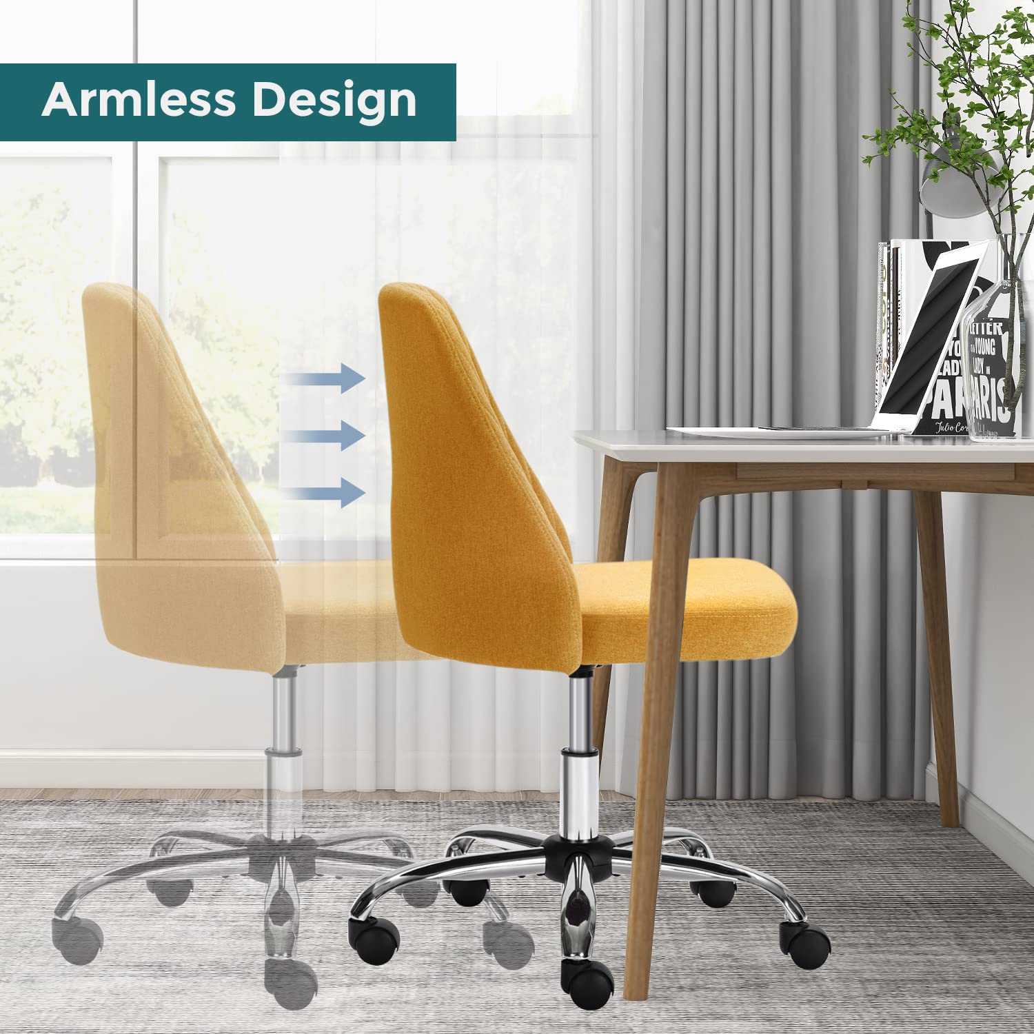 SMUG Yellow Modern Adjustable Rolling Office Chair - Armless Task Chair with Wheels for Bedroom, Makeup Vanity, Living Room - 32.1