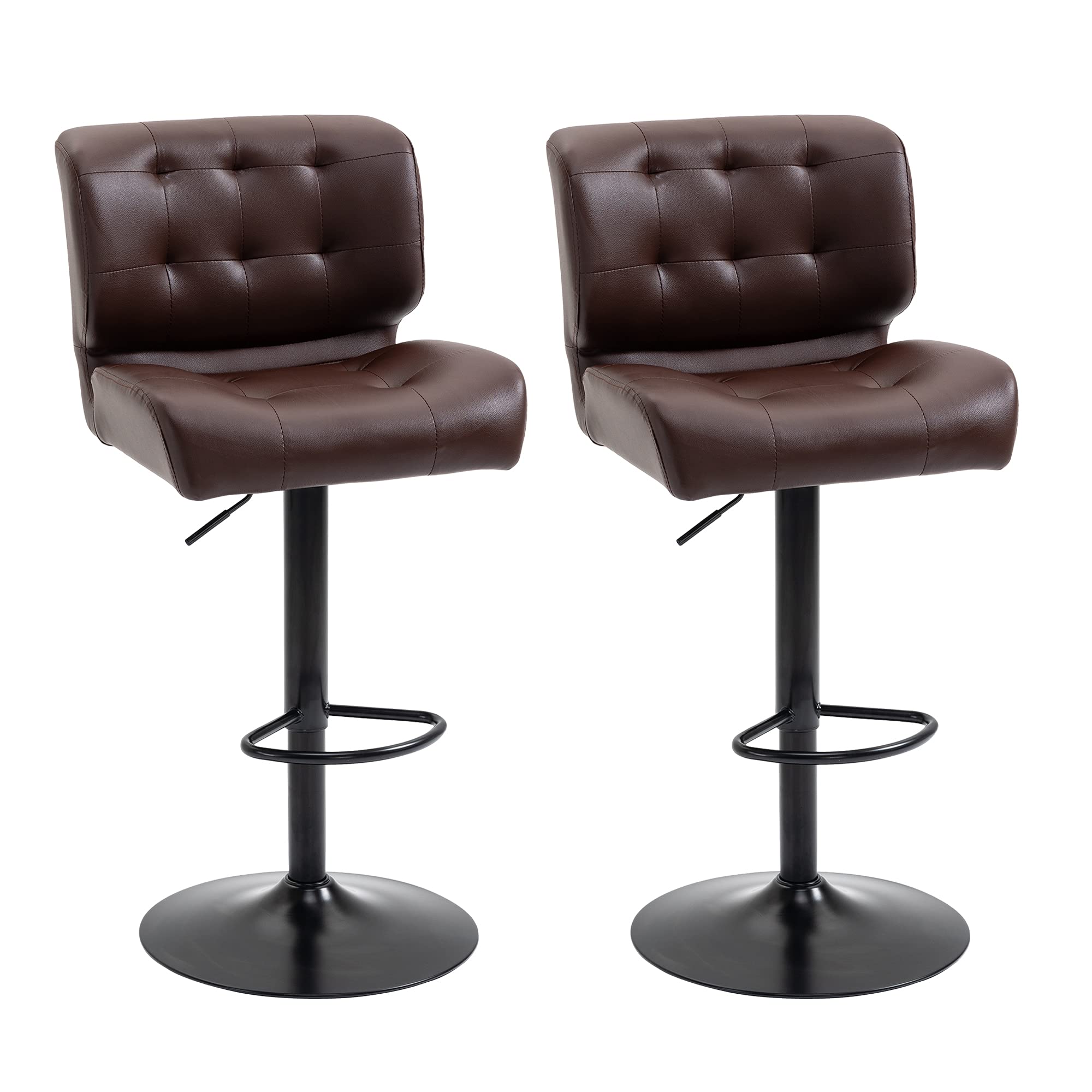 HOMCOM 2-Pack Adjustable Bar Stools with Thick Padded Cushion & Metal Footrest - Brown Counter Height Stools for Home Bar, Kitchen Island, Breakfast Nook & Dining Room