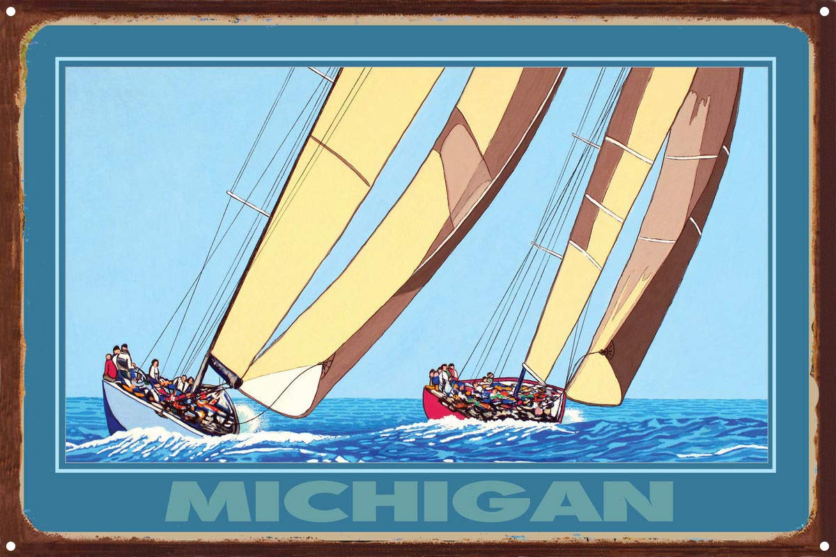 Michigan Rustic Metal Art Print - Watercolor Painting by Artist David Linton - 11.5x17.5 Inches Wall Decor for Cabin, Lake House, or Farmhouse Style Home
