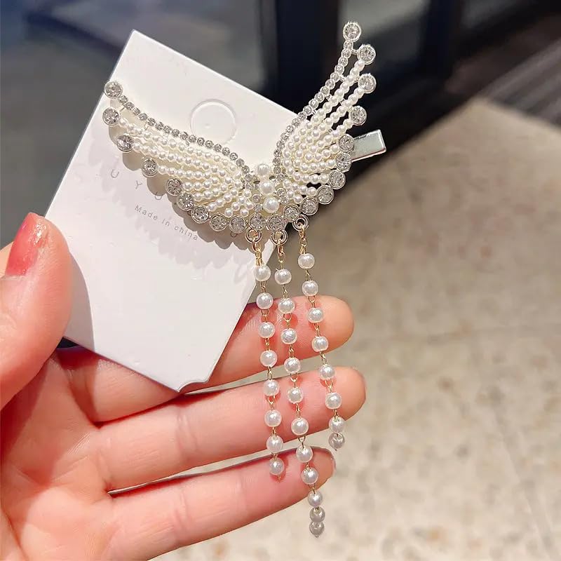 Savita Collection Wing Style Metal Hair Claw Clip for Fine or Thin Hair - Pearl Chain Hair Comb for Women and Girls (Pack of 1) - Perfect for Updos, Ponytails & Everyday Hairstyles