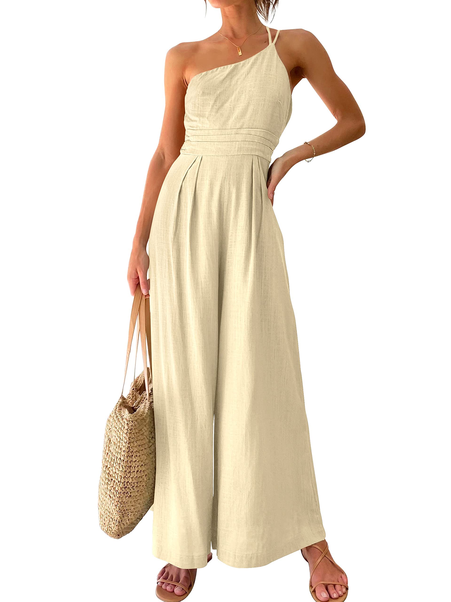 Elegant One Shoulder Pleated Jumpsuit for Women - High Waist Wide Leg Romper with Pockets | Perfect for Casual Outings, Date Nights & Summer Vacations