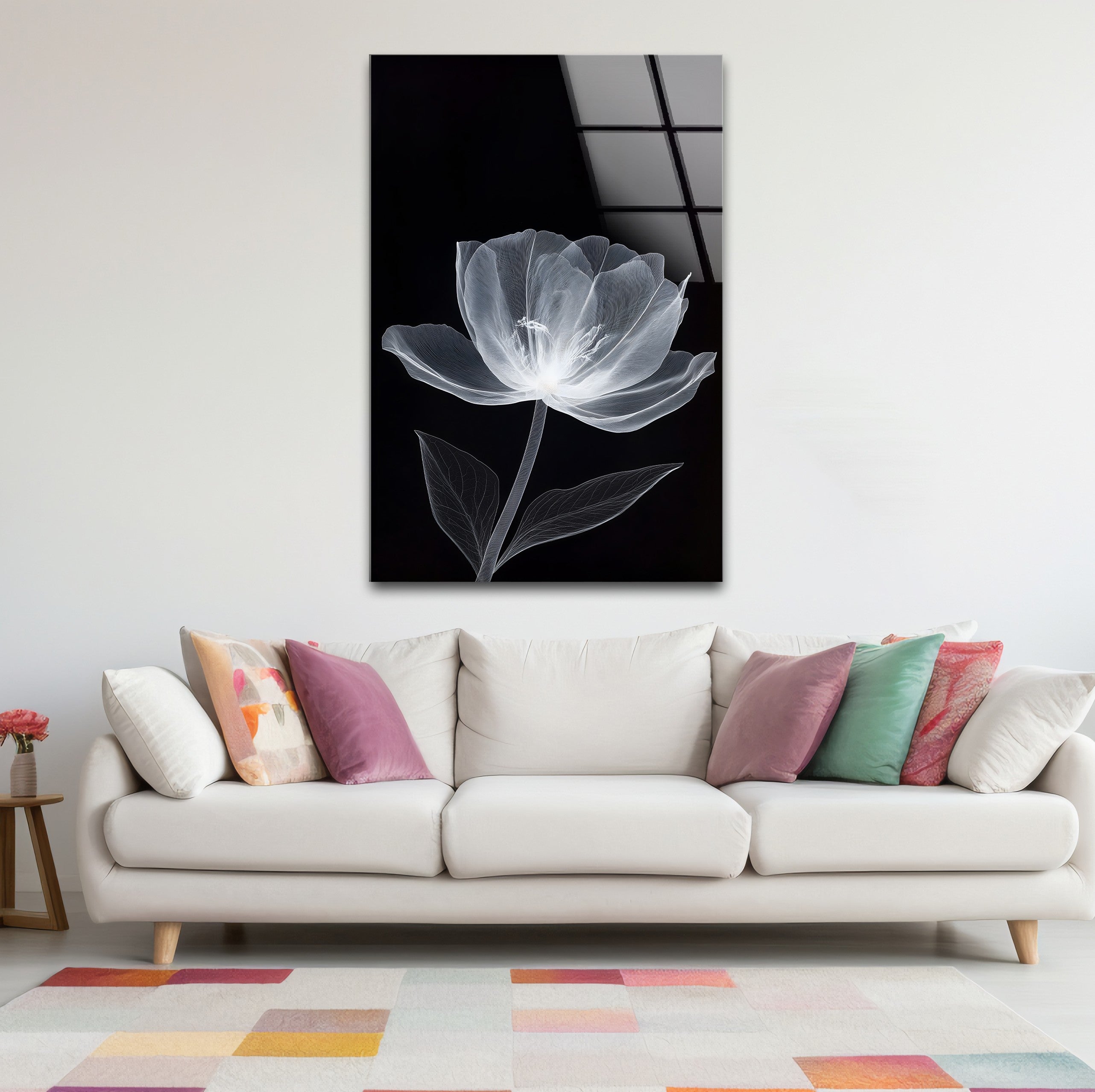 Black and White Minimal Floral Glass Wall Art - Modern Home Decor for Living Room, Bedroom & Office - Elegant Framed Glass Painting for Housewarming Gifts