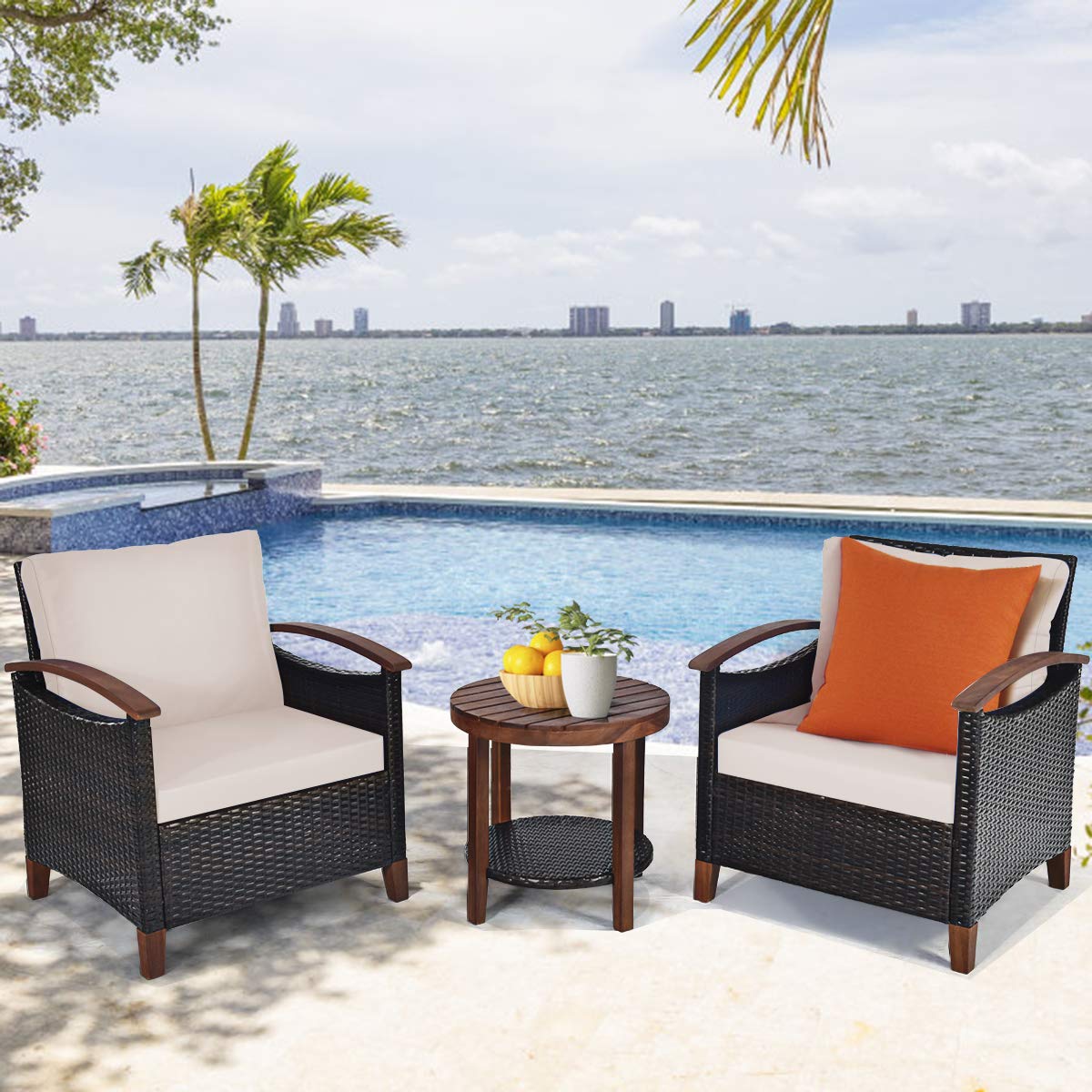 3-Piece Patio Furniture Set - Outdoor Rattan Sofa with Washable Cushions & Acacia Wood Coffee Table - Weather-Resistant Wicker Conversation Set for Garden, Poolside, Balcony or Backyard (Beige) - Perfect for Outdoor Relaxation & Entertaining