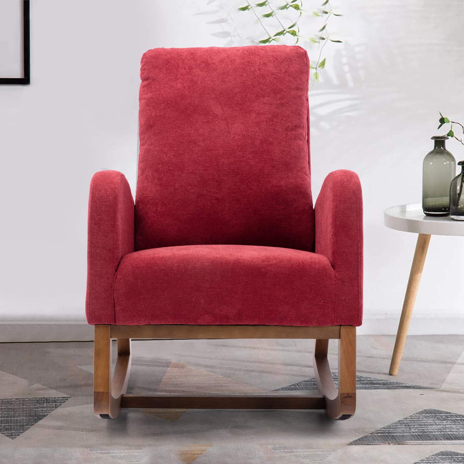 Mid Century Modern Upholstered Rocking Chair with Wooden Padded Seat & 2-Side Pockets - Fabric Accent Armchair for Nursery, Living Room & Indoor Use (Red) | Perfect for Breastfeeding, Reading Nook & Relaxation