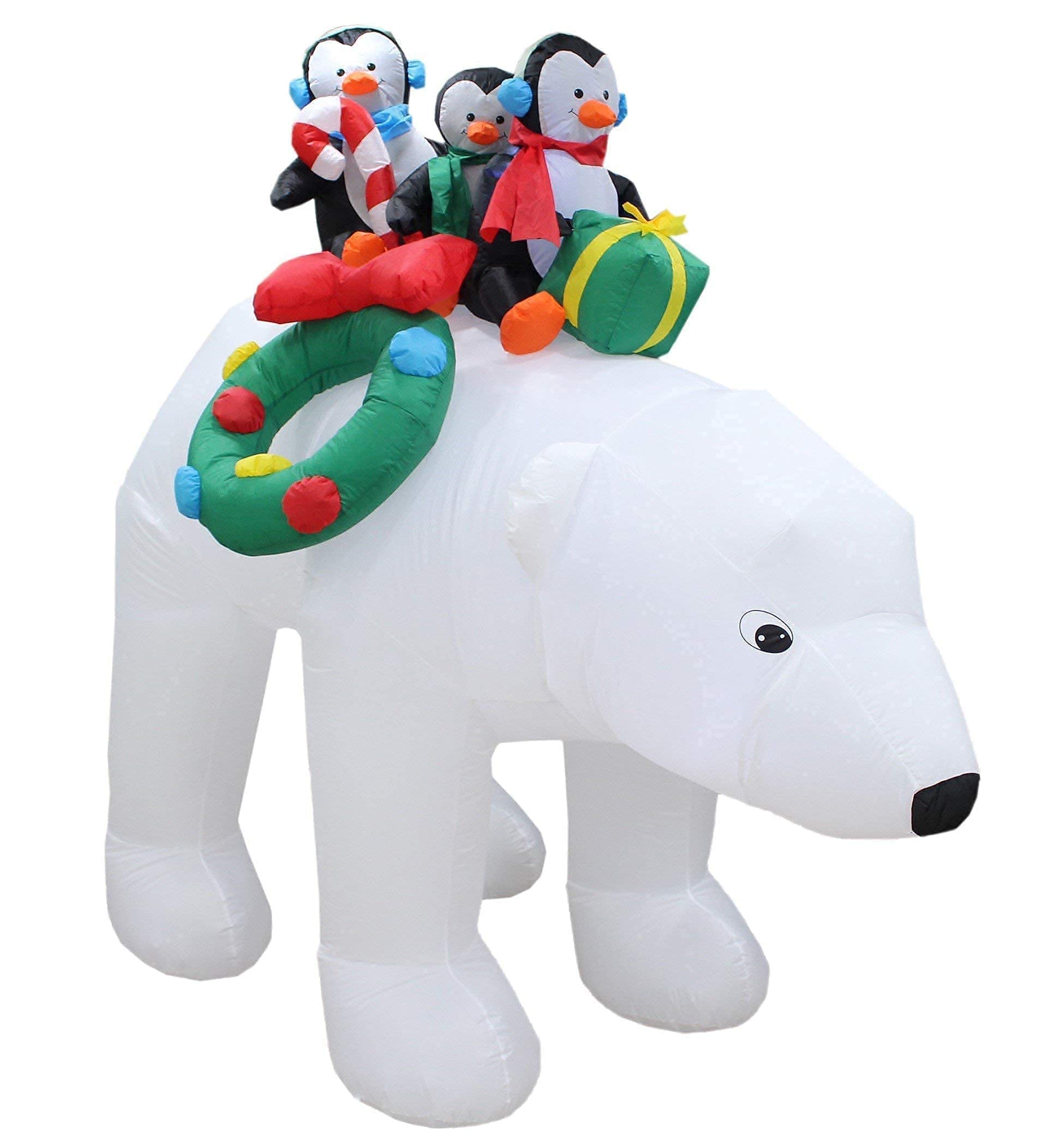 12ft Christmas Inflatable Santa Claus on Sleigh with 3 Reindeer & 8ft Inflatable 3 Penguins on Polar Bear - Outdoor Holiday Decorations Bundle for Xmas Yard, Party, and Home Decoration