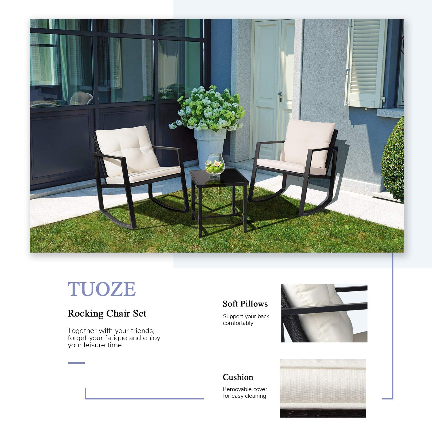Tuoze Outdoor Patio Furniture Set - 3-Piece Wicker Bistro Conversation Set with Rocking Chairs & Glass Coffee Table, Beige - Perfect for Garden, Backyard, Poolside or Balcony Relaxation
