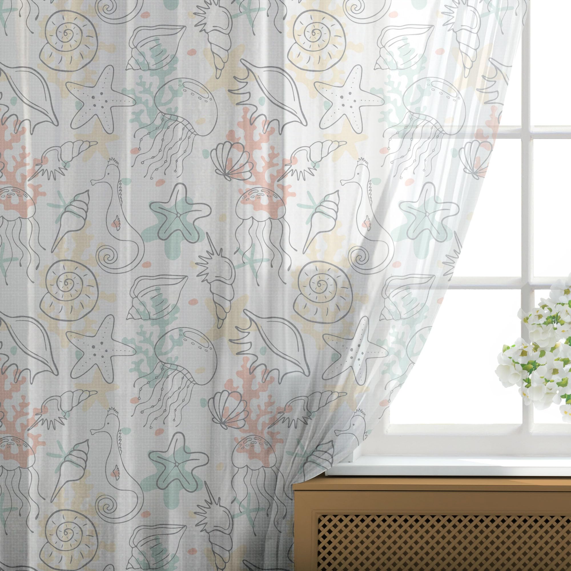 Ambesonne Marine Tulle Curtains with Rod Pocket - Underwater Seashells, Starfish & Coral Design, Sheer Drapes for Living Room, Bedroom or Wedding Decor, 108x108 Inches, White & Multicolor