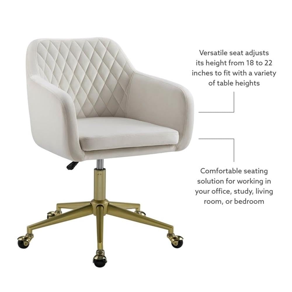 Ergonomic Fabric & Metal Office Chair with Wheels - Off White & Gold Finish - Perfect for Home Office, Workspace & Study Desk