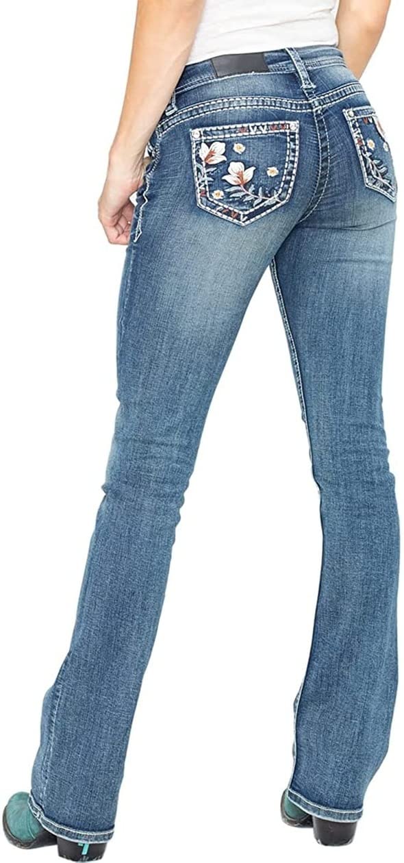 Vintage Washed Mid-Rise Slim Stretch Bootcut Jeans for Women - Curvy Fit with Embroidery Denim - Perfect for Casual Wear, Date Nights & Boho Style Outfits