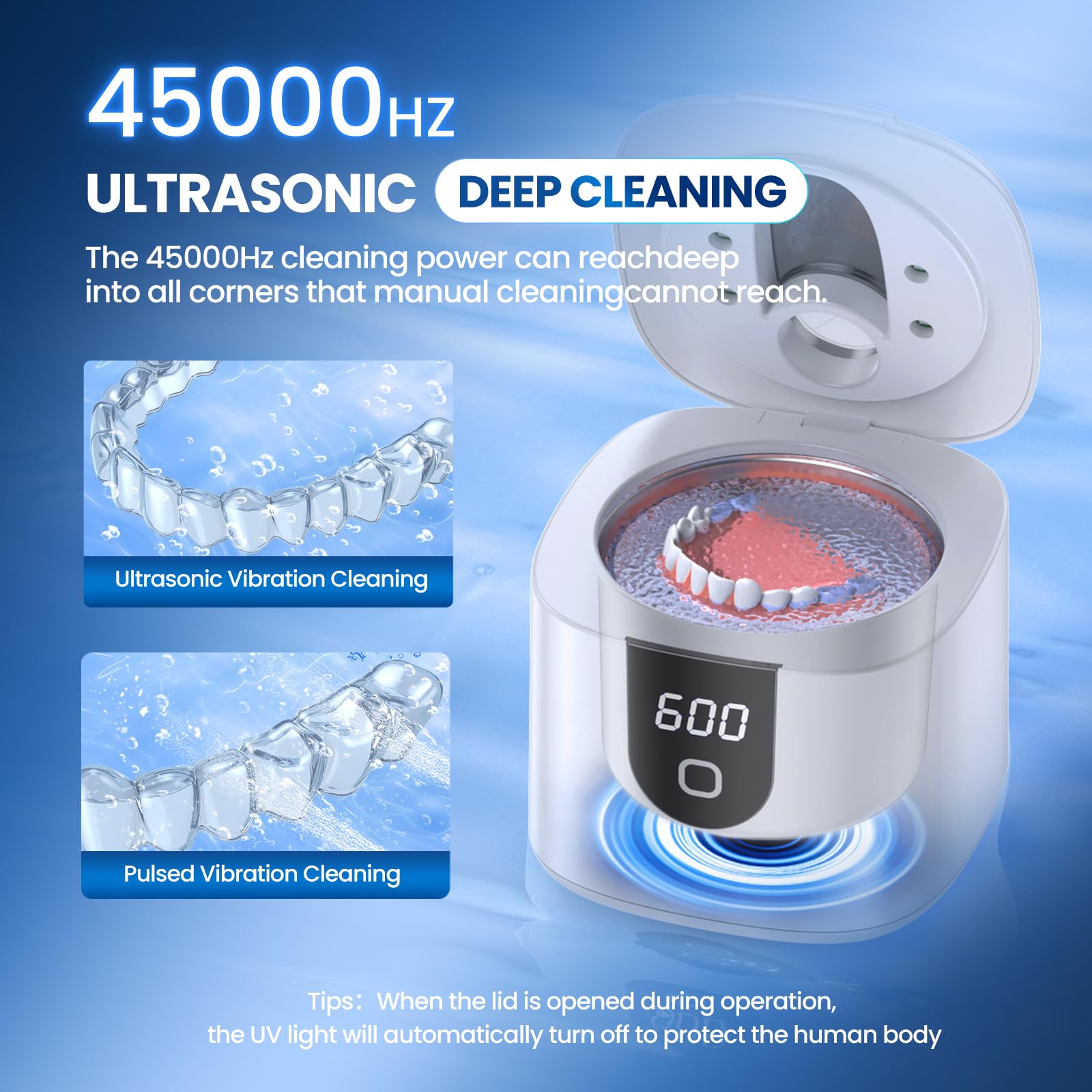 **Ultrasonic Retainer Cleaner - 45kHz Dental Appliance Cleaner with 4 Modes & Digital Timer, 200ML Capacity for Dentures, Mouth Guards, Braces, Toothbrush Heads & Jewelry - Perfect for Home & Travel Use**